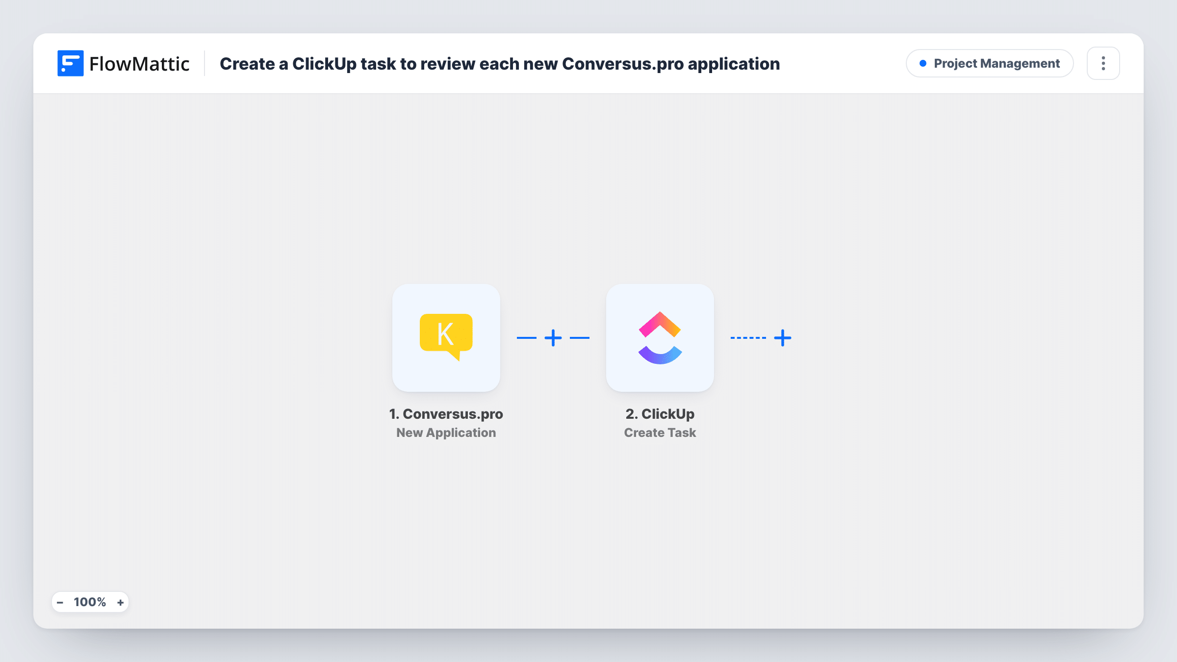 The Create a ClickUp task to review each new Conversus.pro application workflow on the FlowMattic canvas, with 2 steps across Conversus.pro, ClickUp
