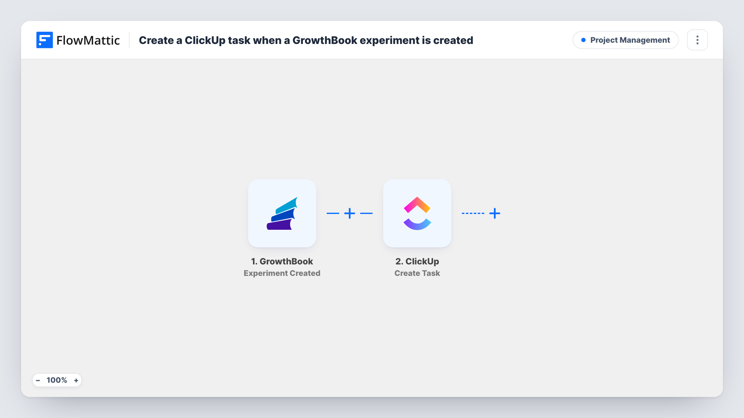 The Create a ClickUp task when a GrowthBook experiment is created workflow on the FlowMattic canvas, with 2 steps across GrowthBook, ClickUp
