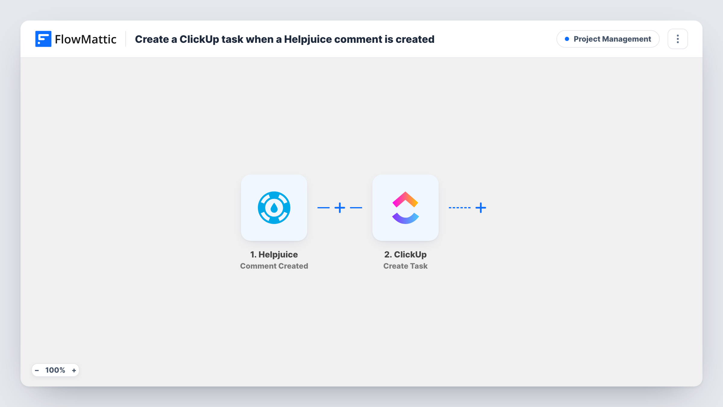 The Create a ClickUp task when a Helpjuice comment is created workflow on the FlowMattic canvas, with 2 steps across Helpjuice, ClickUp