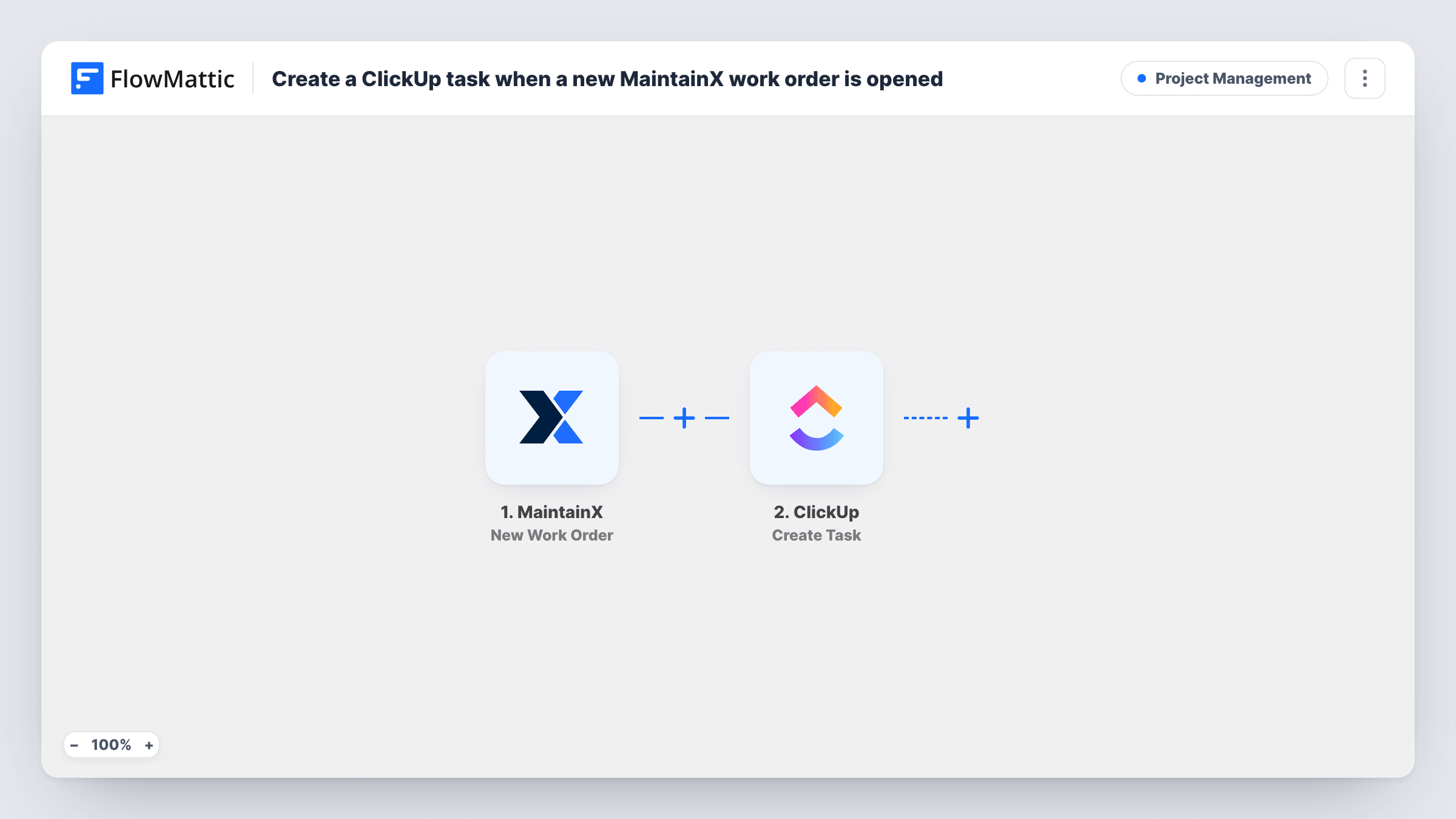 The Create a ClickUp task when a new MaintainX work order is opened workflow on the FlowMattic canvas, with 2 steps across MaintainX, ClickUp