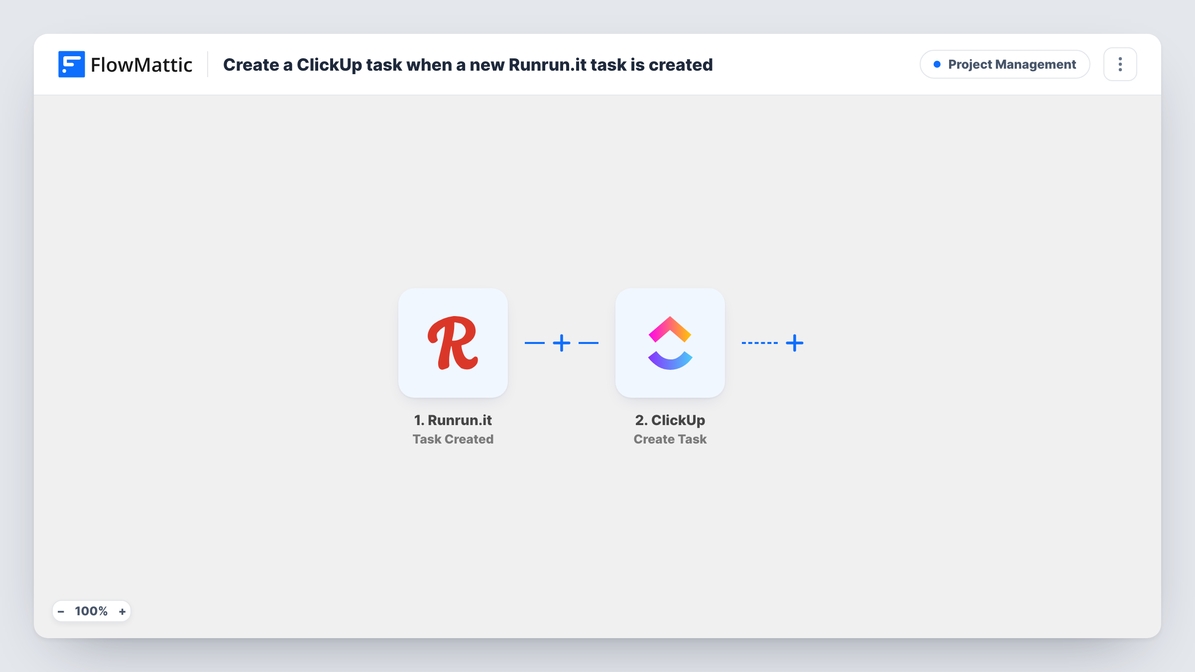 The Create a ClickUp task when a new Runrun.it task is created workflow on the FlowMattic canvas, with 2 steps across Runrun.it, ClickUp