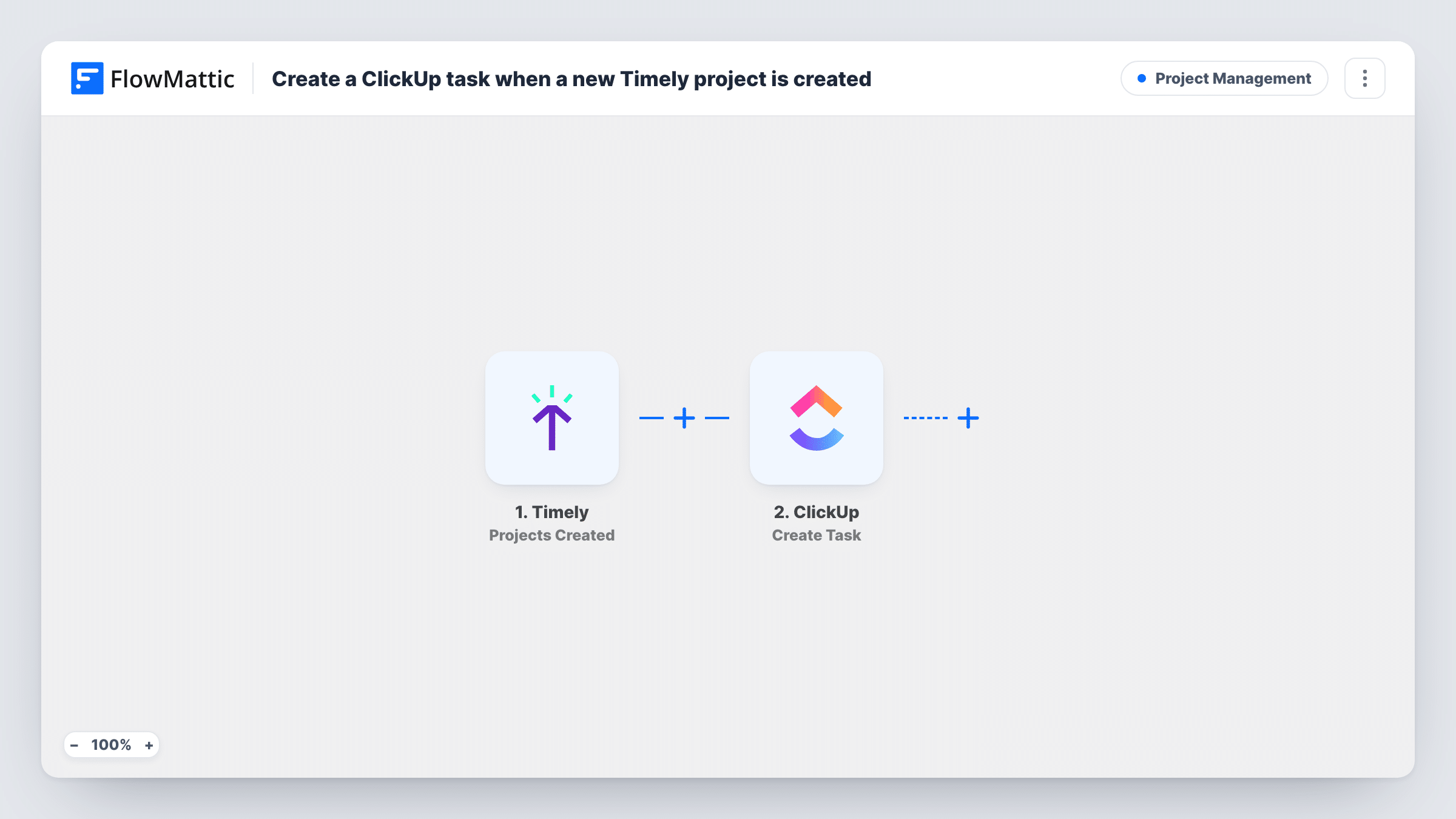 The Create a ClickUp task when a new Timely project is created workflow on the FlowMattic canvas, with 2 steps across Timely, ClickUp