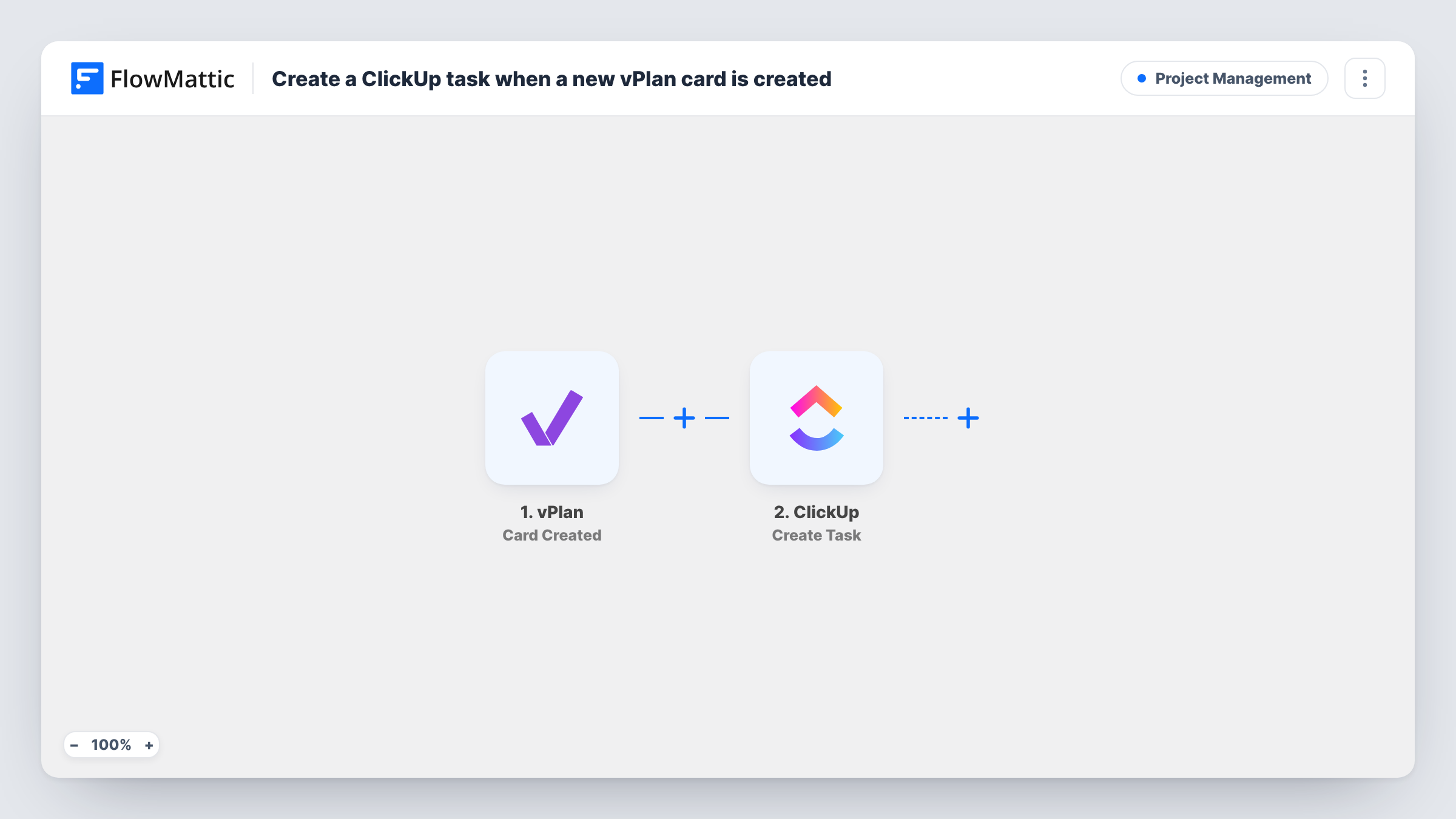 The Create a ClickUp task when a new vPlan card is created workflow on the FlowMattic canvas, with 2 steps across vPlan, ClickUp