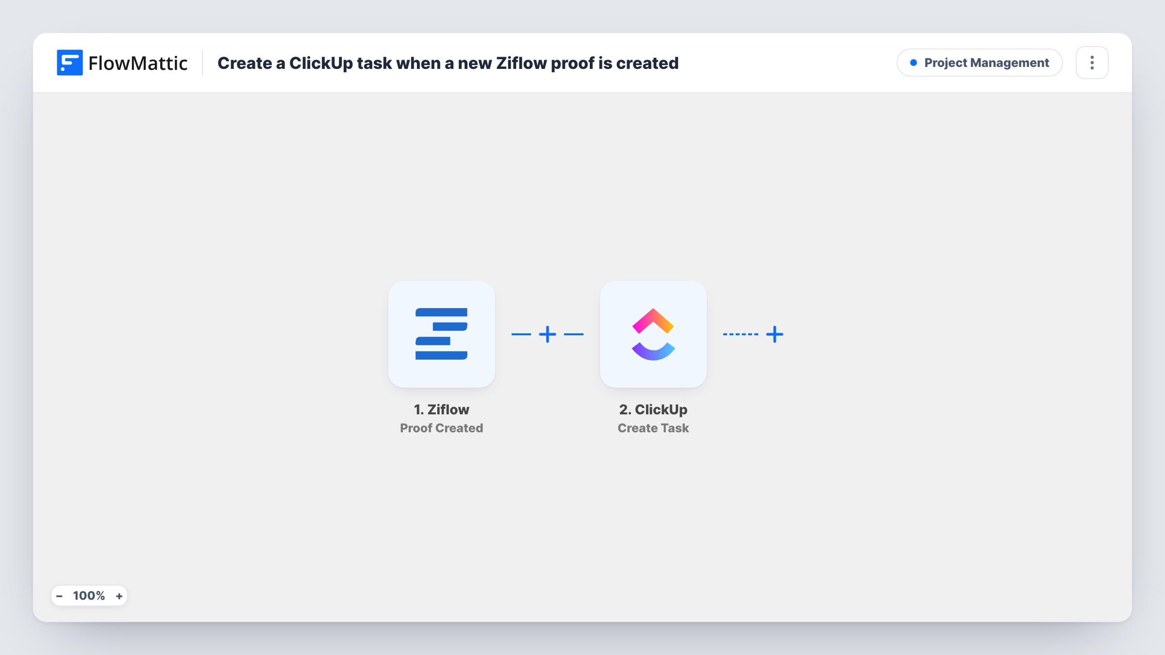 The Create a ClickUp task when a new Ziflow proof is created workflow on the FlowMattic canvas, with 2 steps across Ziflow, ClickUp