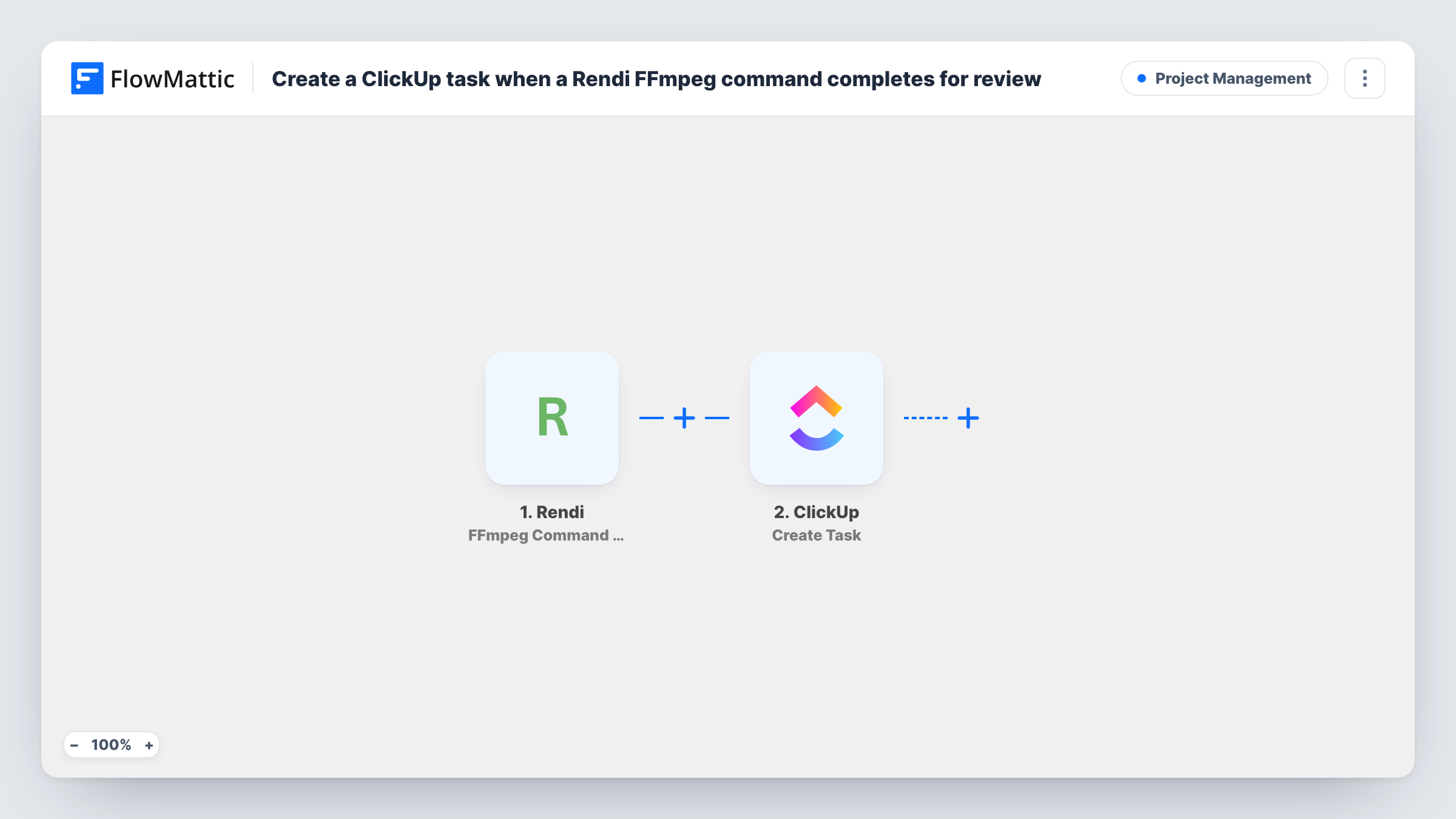 The Create a ClickUp task when a Rendi FFmpeg command completes for review workflow on the FlowMattic canvas, with 2 steps across Rendi, ClickUp
