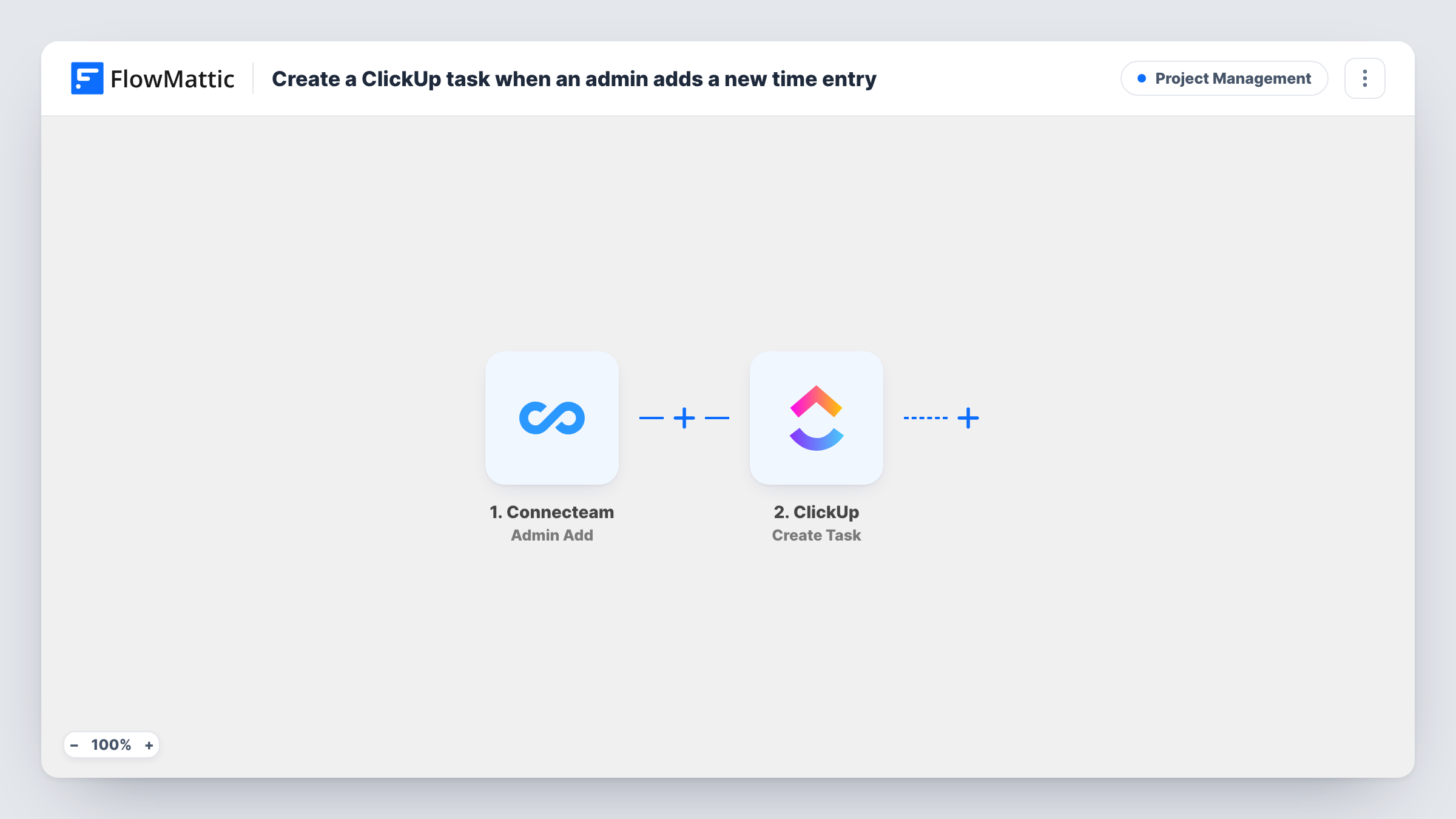 The Create a ClickUp task when an admin adds a new time entry workflow on the FlowMattic canvas, with 2 steps across Connecteam, ClickUp