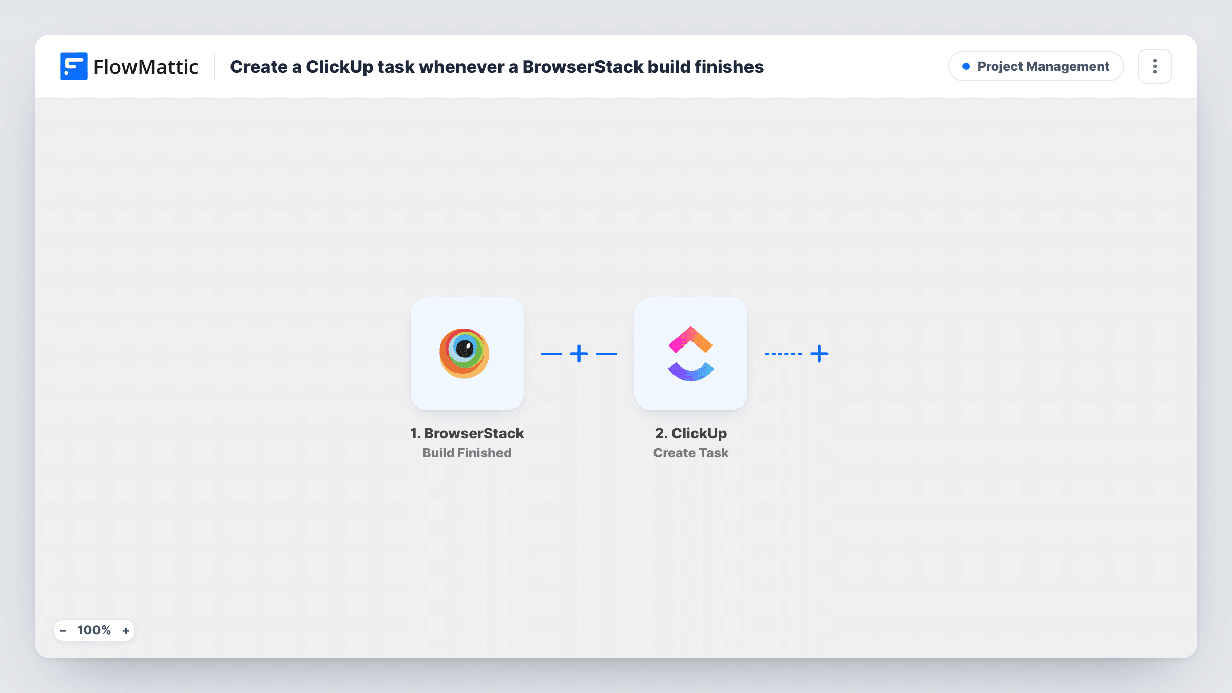 The Create a ClickUp task whenever a BrowserStack build finishes workflow on the FlowMattic canvas, with 2 steps across BrowserStack, ClickUp
