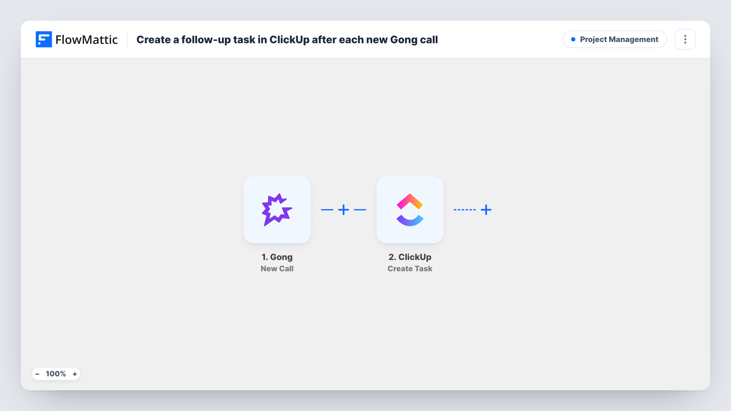 The Create a follow-up task in ClickUp after each new Gong call workflow on the FlowMattic canvas, with 2 steps across Gong, ClickUp