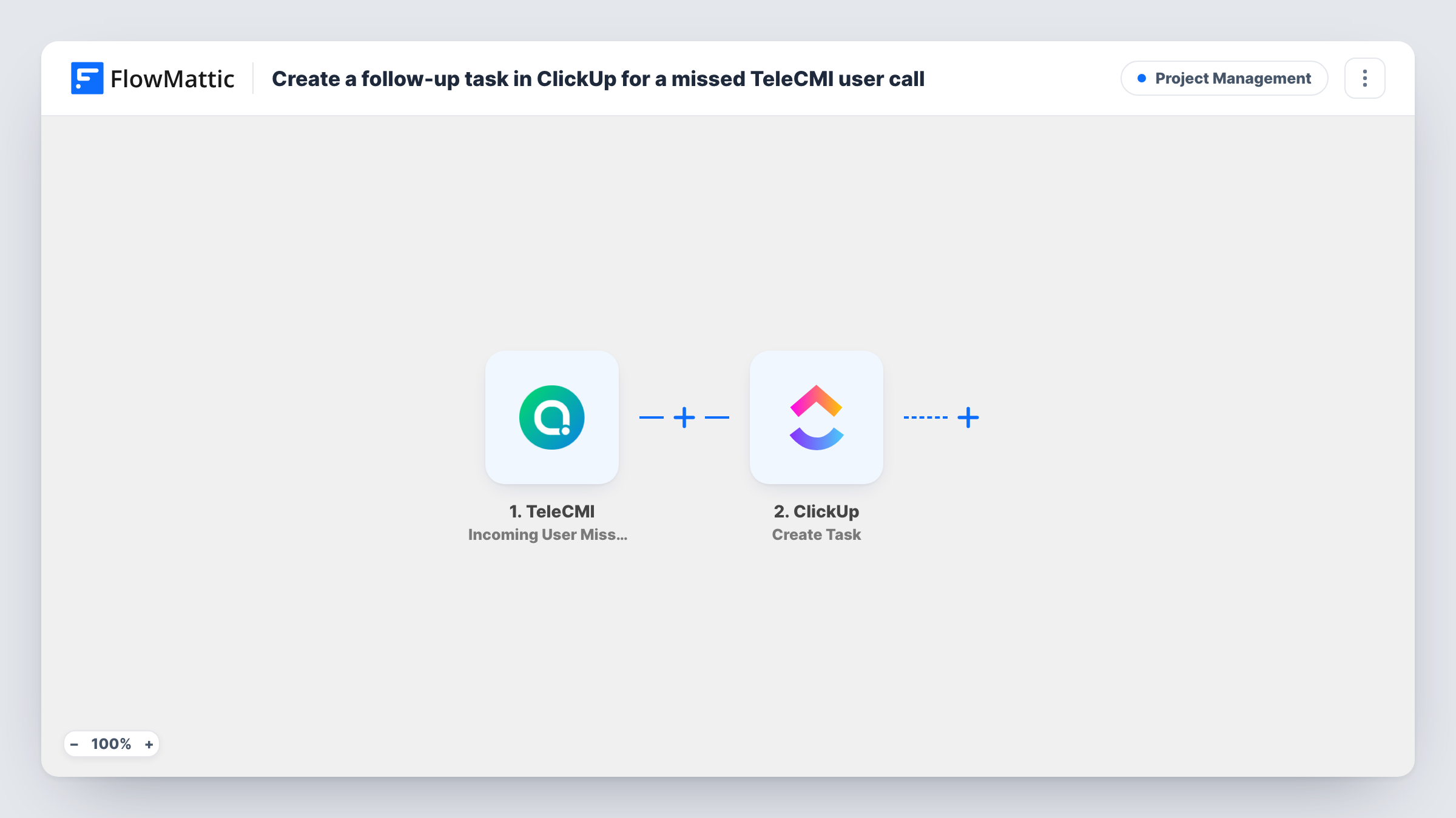 The Create a follow-up task in ClickUp for a missed TeleCMI user call workflow on the FlowMattic canvas, with 2 steps across TeleCMI, ClickUp