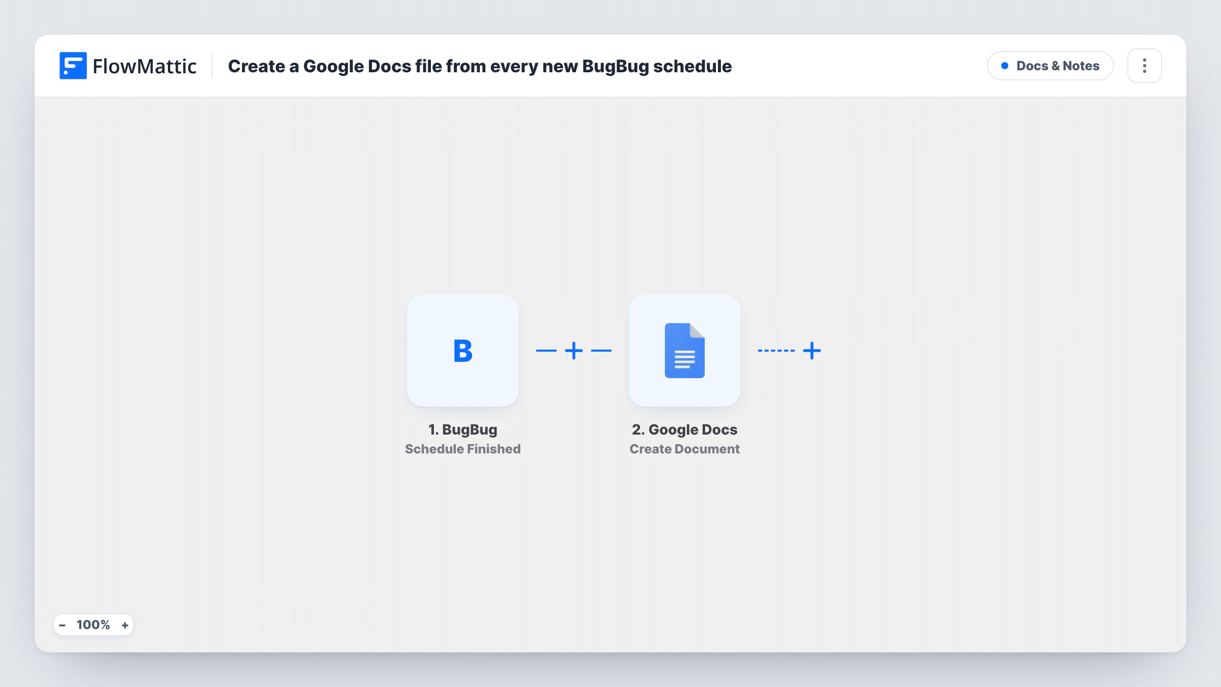 The Create a Google Docs file from every new BugBug schedule workflow on the FlowMattic canvas, with 2 steps across BugBug, Google Docs