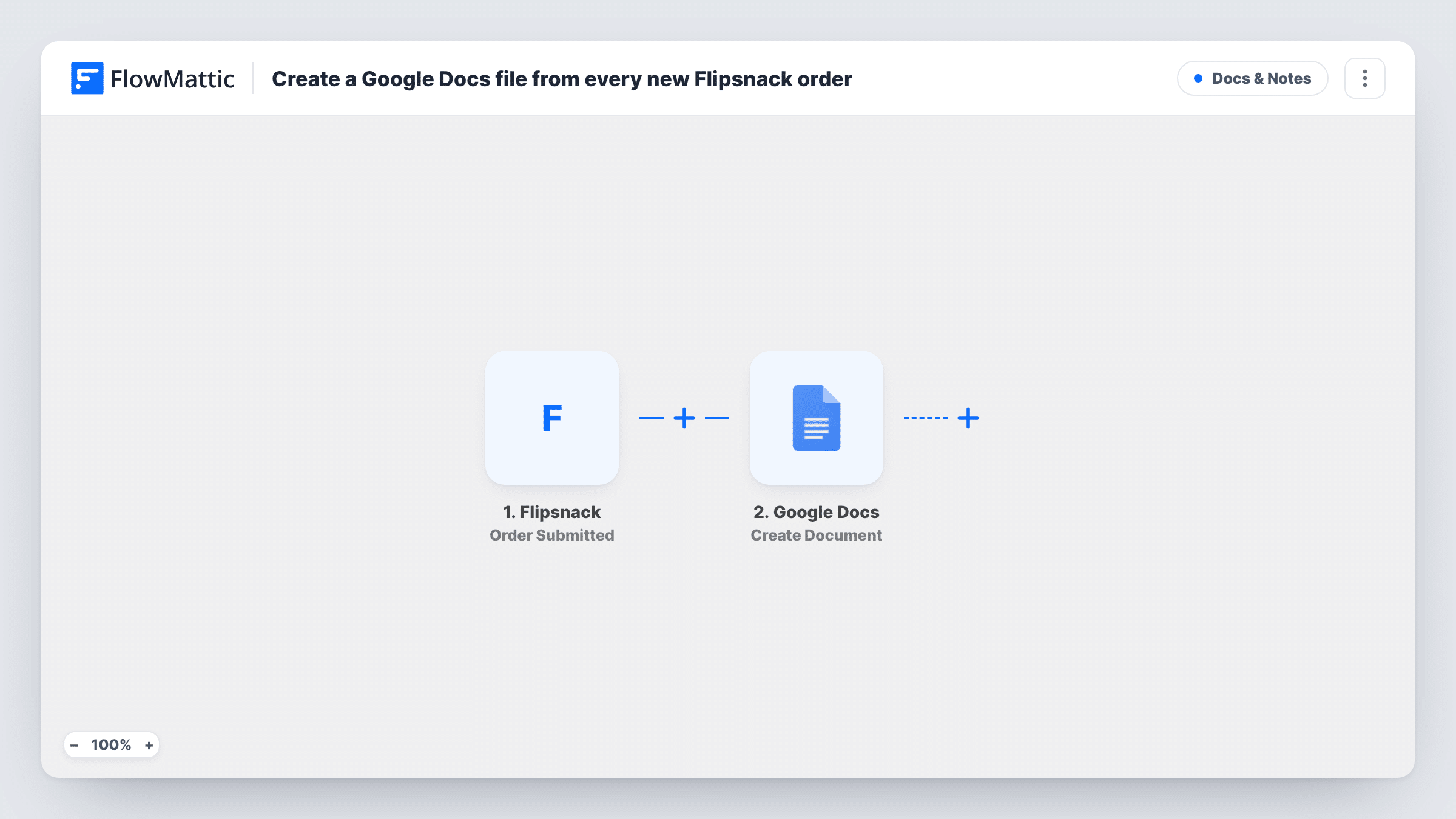 The Create a Google Docs file from every new Flipsnack order workflow on the FlowMattic canvas, with 2 steps across Flipsnack, Google Docs