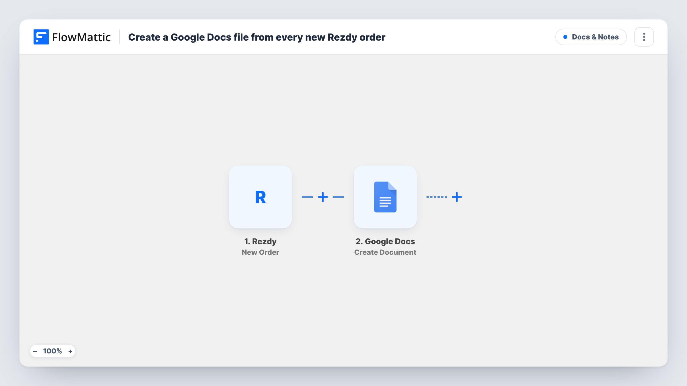 The Create a Google Docs file from every new Rezdy order workflow on the FlowMattic canvas, with 2 steps across Rezdy, Google Docs