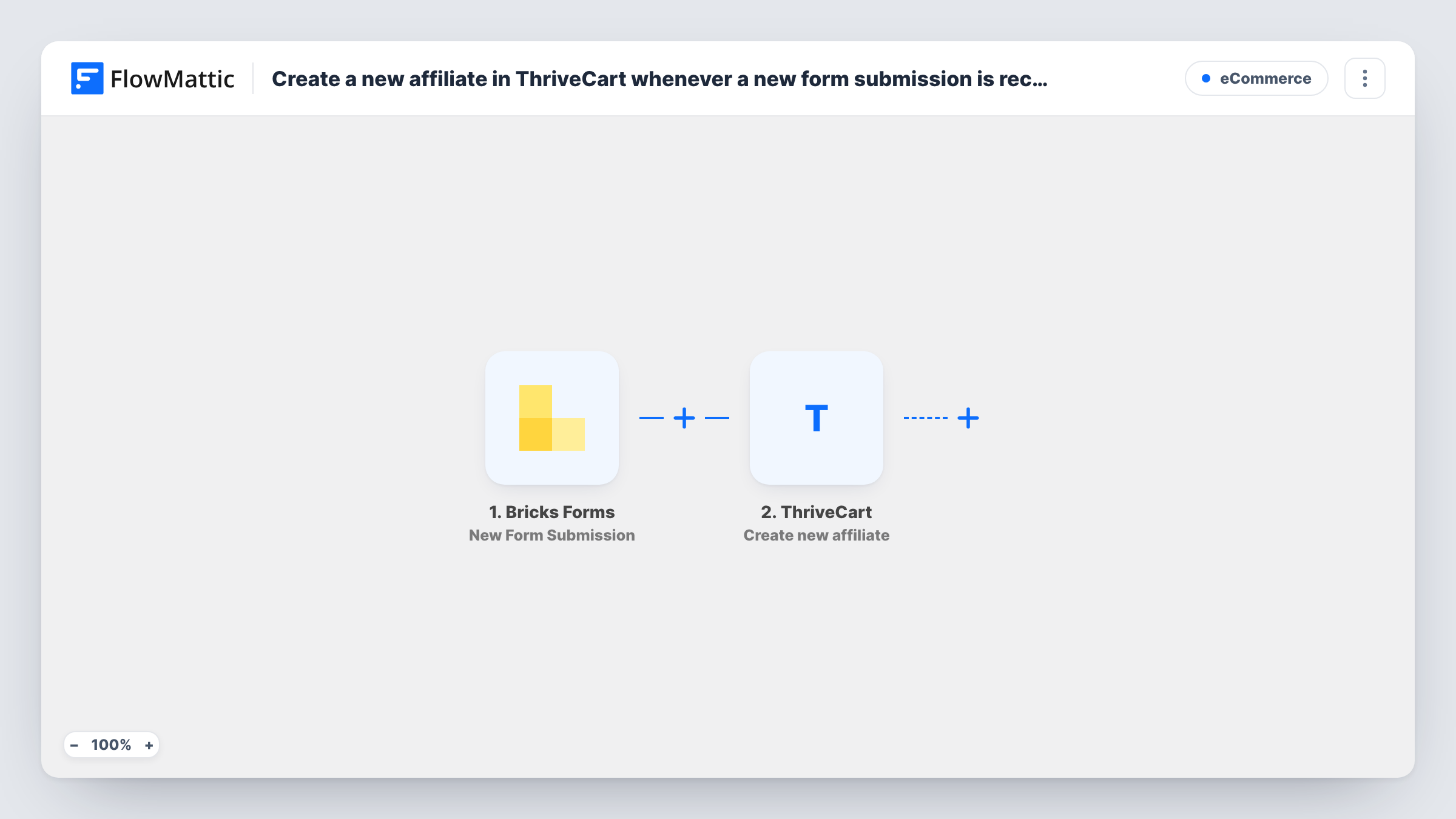 The Create a new affiliate in ThriveCart whenever a new form submission is received in Bricks Form workflow on the FlowMattic canvas, with 2 steps across Bricks Forms, ThriveCart