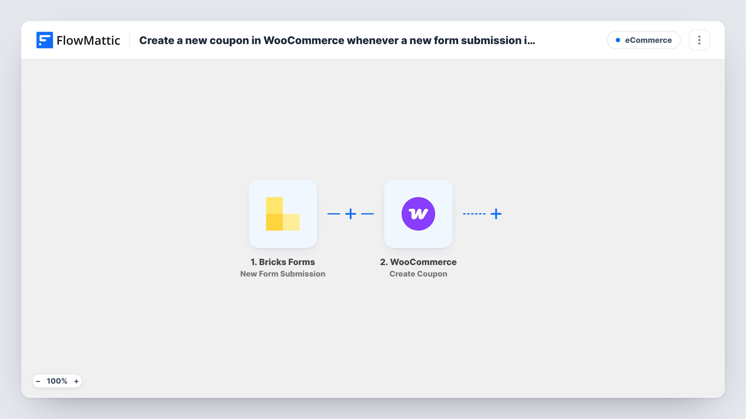 The Create a new coupon in WooCommerce whenever a new form submission is received from Bricks Form workflow on the FlowMattic canvas, with 2 steps across Bricks Forms, WooCommerce
