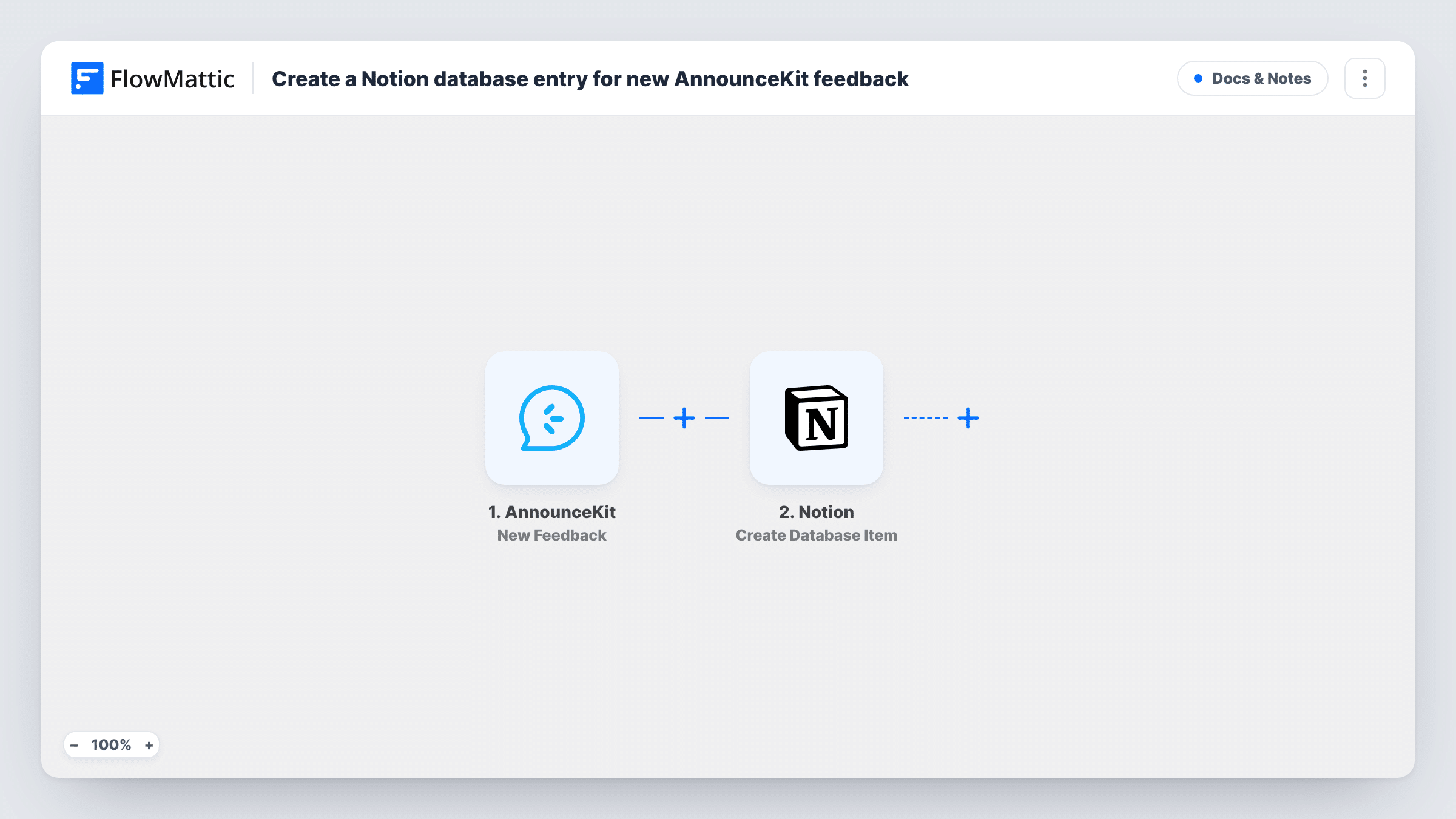 The Create a Notion database entry for new AnnounceKit feedback workflow on the FlowMattic canvas, with 2 steps across AnnounceKit, Notion