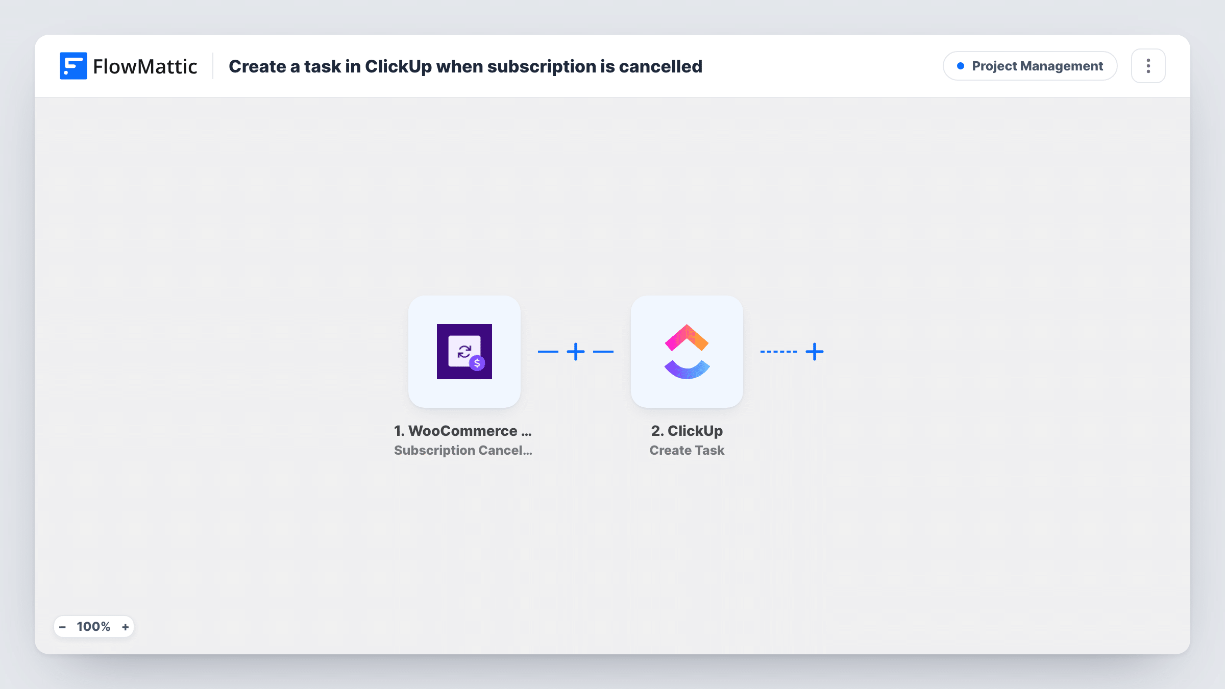 The Create a task in ClickUp when subscription is cancelled workflow on the FlowMattic canvas, with 2 steps across WooCommerce Subscriptions, ClickUp
