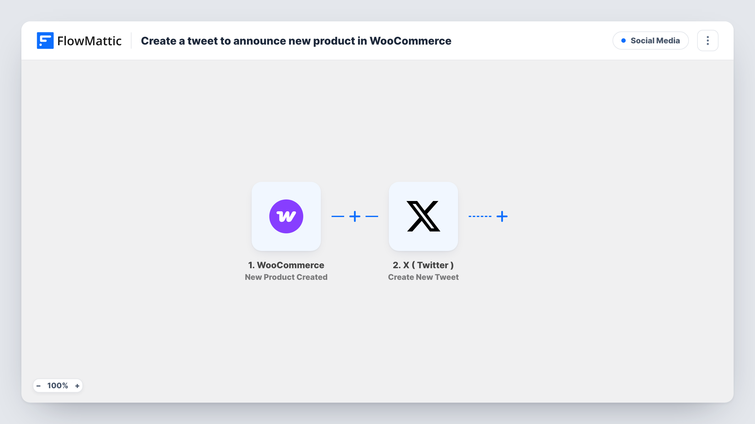 The Create a tweet to announce new product in WooCommerce workflow on the FlowMattic canvas, with 2 steps across WooCommerce, X ( Twitter )