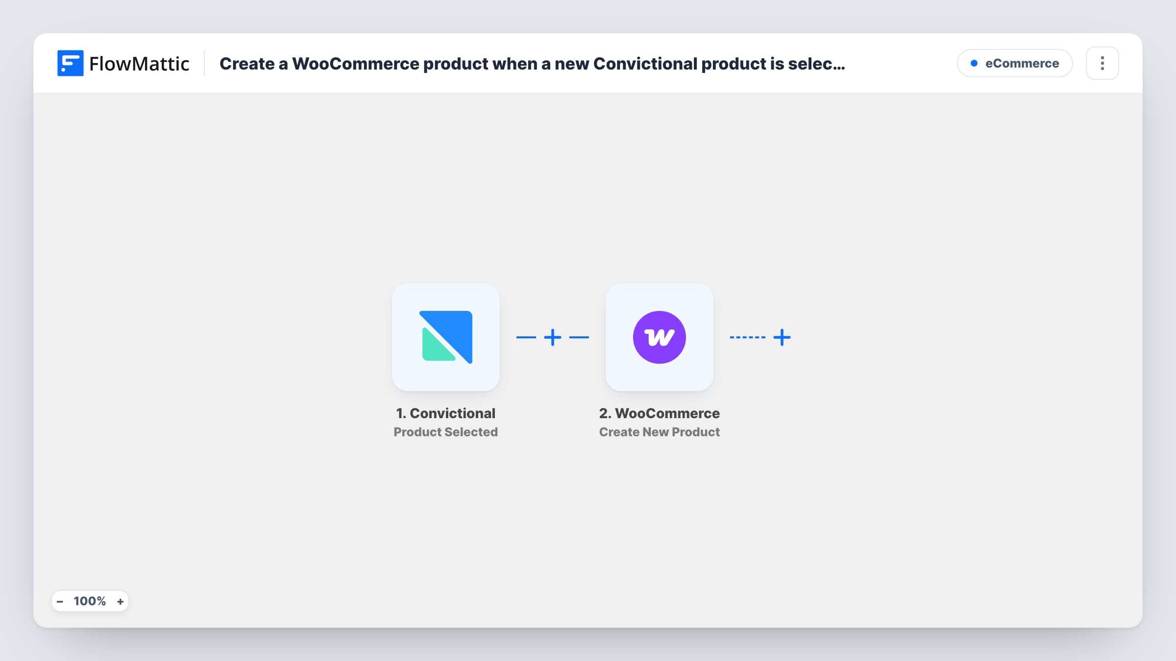 The Create a WooCommerce product when a new Convictional product is selected workflow on the FlowMattic canvas, with 2 steps across Convictional, WooCommerce