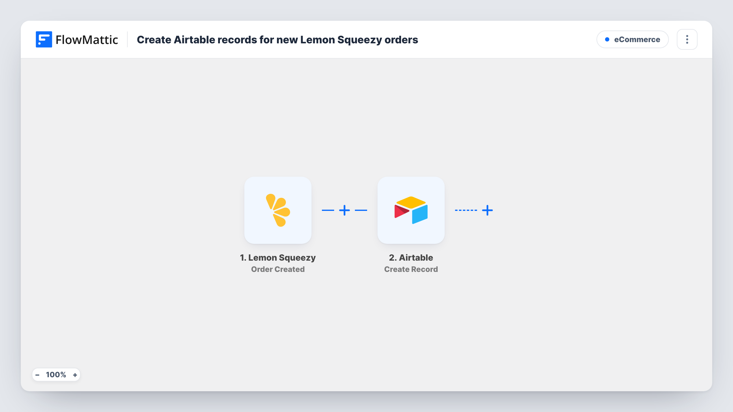 The Create Airtable records for new Lemon Squeezy orders workflow on the FlowMattic canvas, with 2 steps across Lemon Squeezy, Airtable