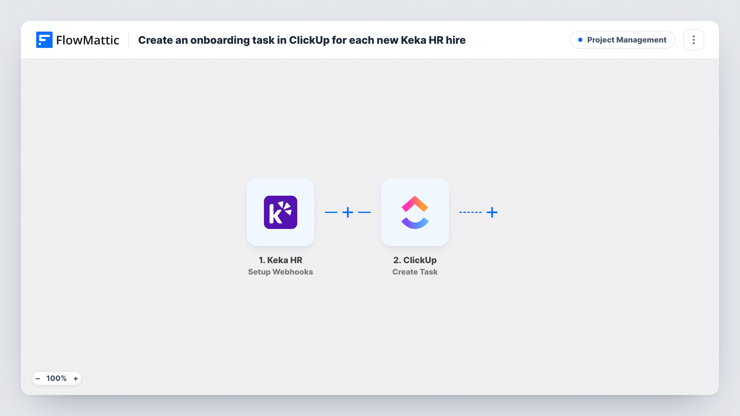 The Create an onboarding task in ClickUp for each new Keka HR hire workflow on the FlowMattic canvas, with 2 steps across Keka HR, ClickUp
