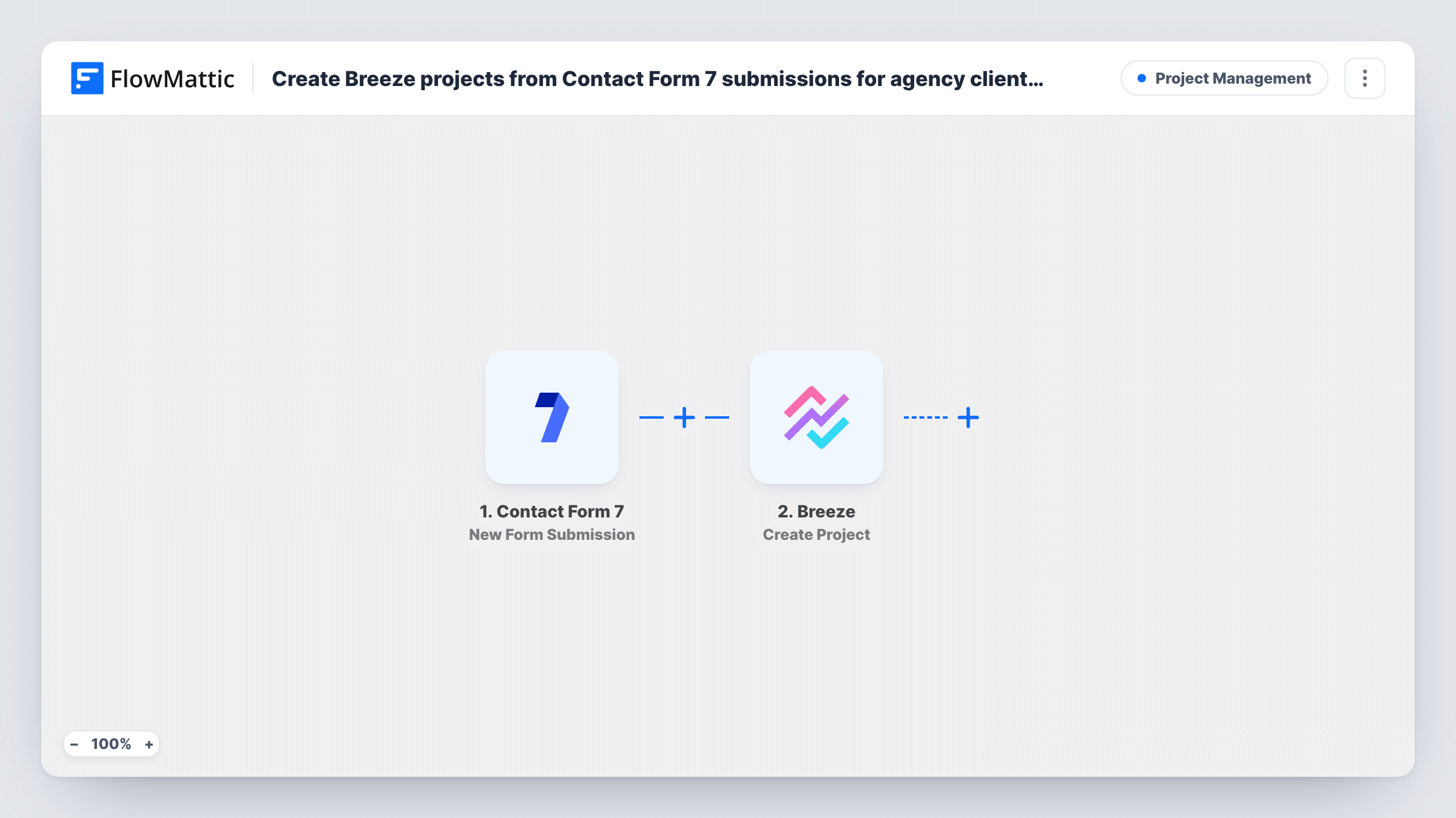 The Create Breeze projects from Contact Form 7 submissions for agency client onboarding workflow on the FlowMattic canvas, with 2 steps across Contact Form 7, Breeze