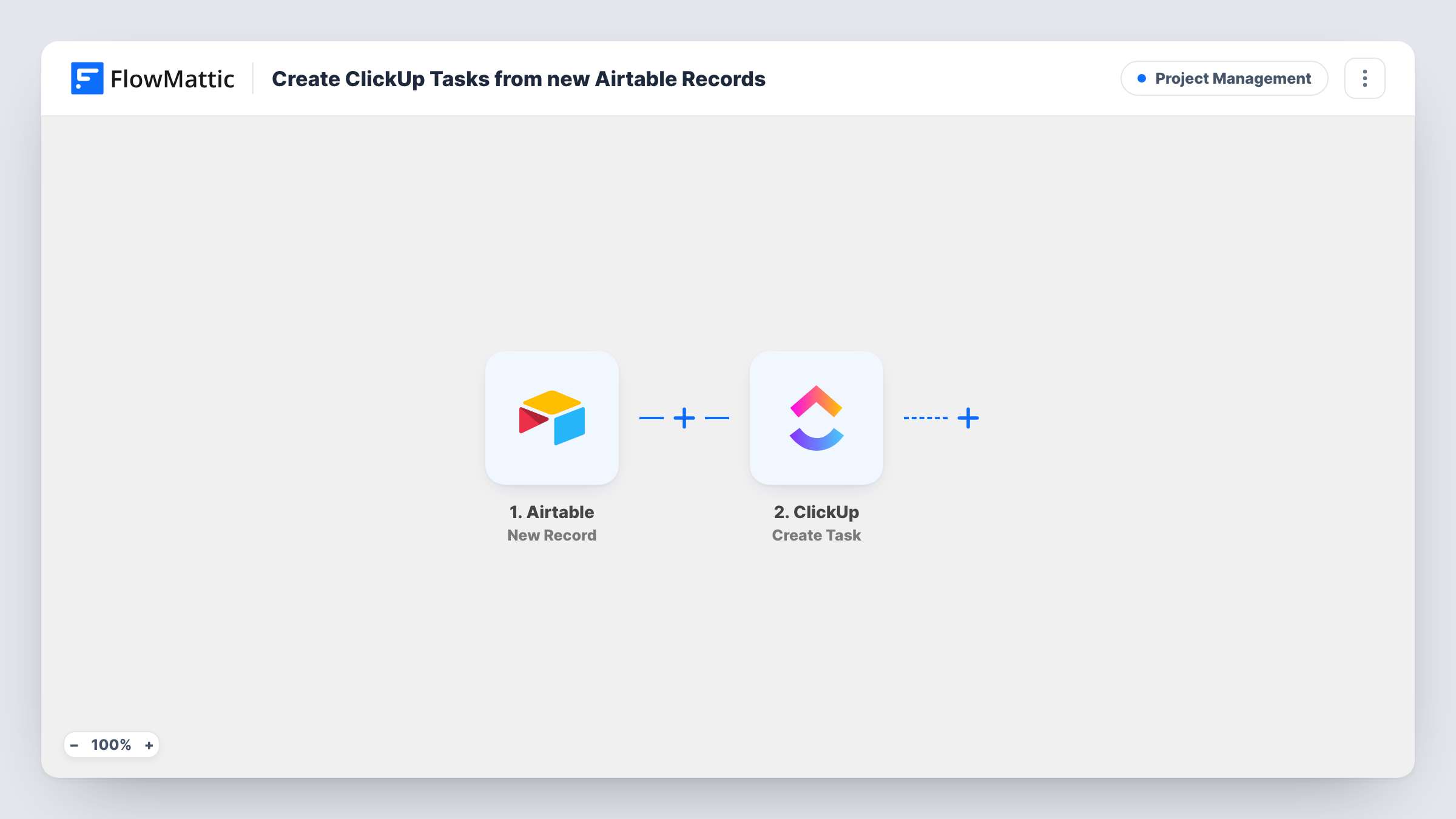 The Create ClickUp Tasks from new Airtable Records workflow on the FlowMattic canvas, with 2 steps across Airtable, ClickUp