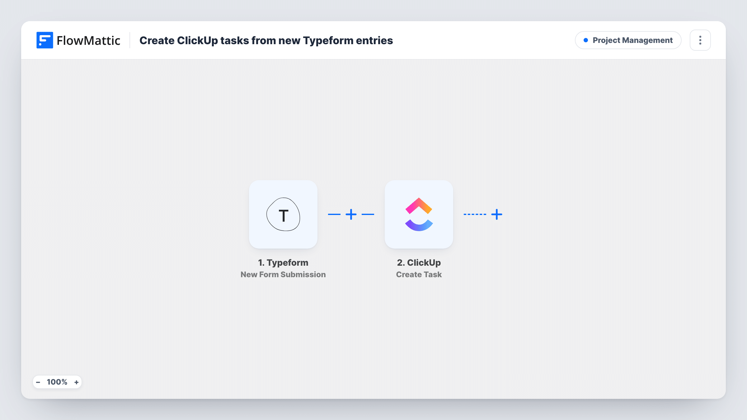 The Create ClickUp tasks from new Typeform entries workflow on the FlowMattic canvas, with 2 steps across Typeform, ClickUp