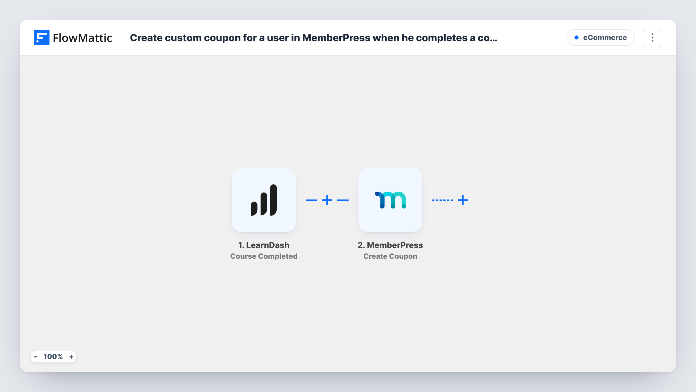 The Create custom coupon for a user in MemberPress when he completes a course in LearnDash workflow on the FlowMattic canvas, with 2 steps across LearnDash, MemberPress