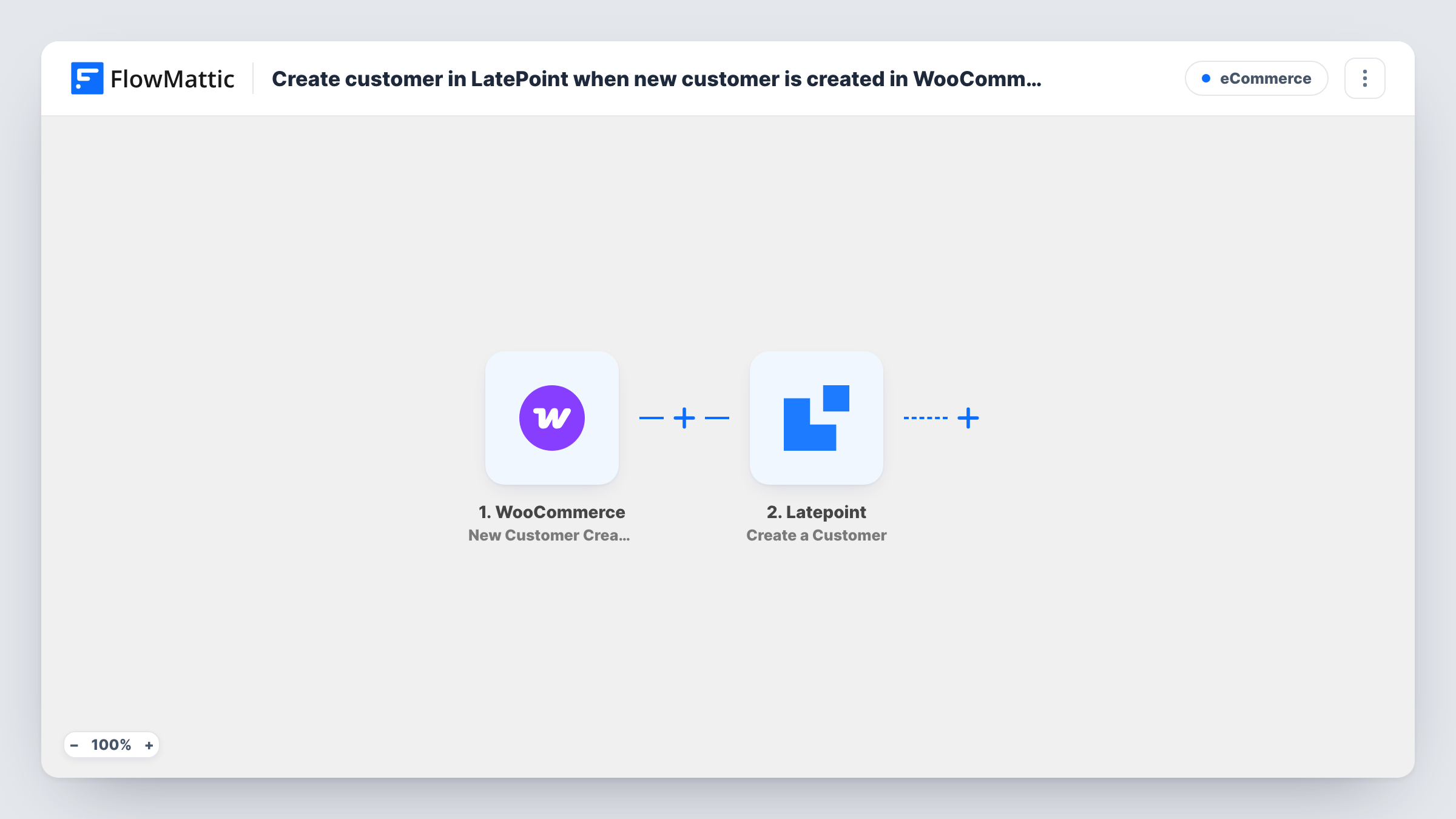 The Create customer in LatePoint when new customer is created in WooCommerce workflow on the FlowMattic canvas, with 2 steps across WooCommerce, Latepoint