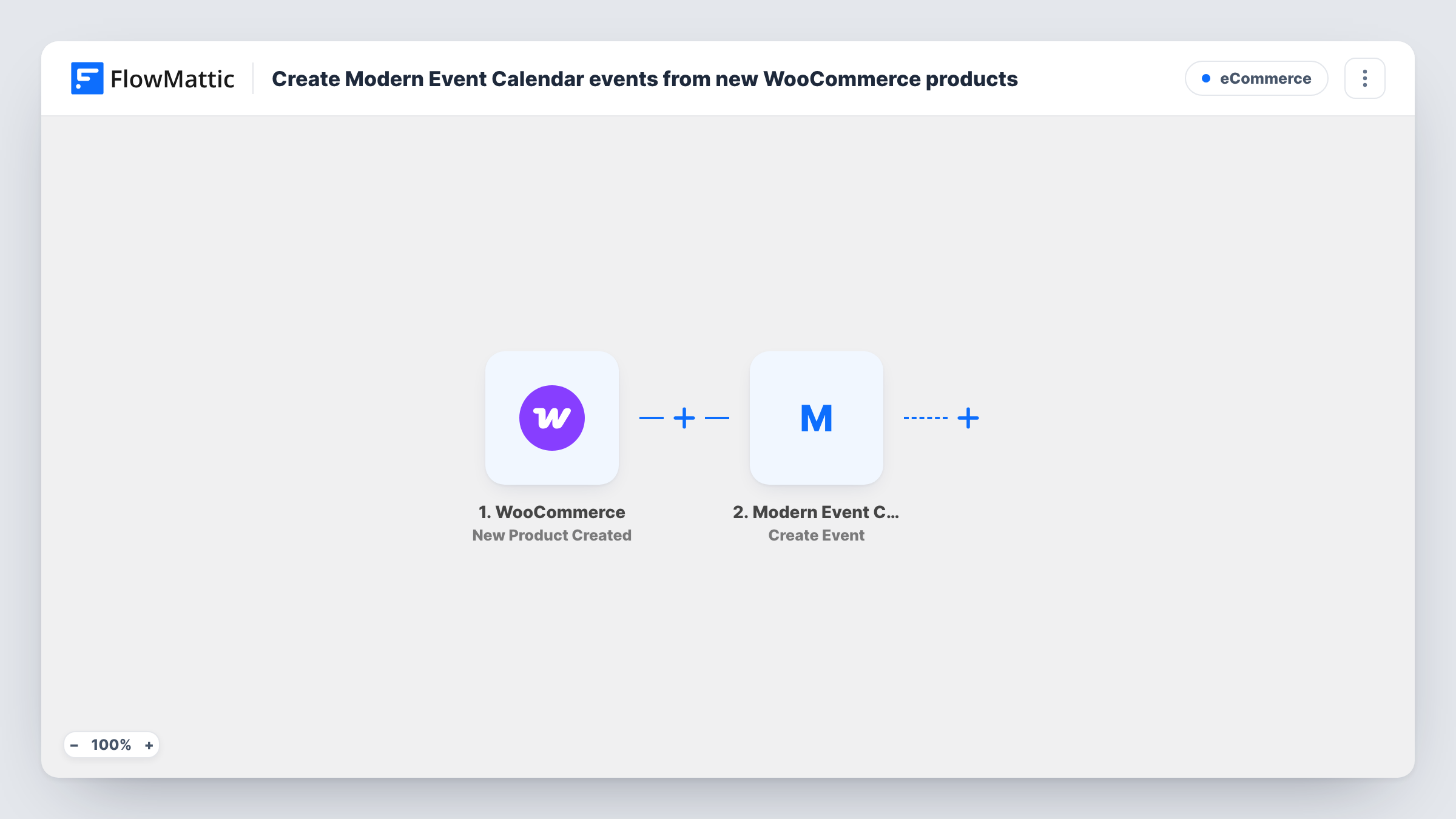 The Create Modern Event Calendar events from new WooCommerce products workflow on the FlowMattic canvas, with 2 steps across WooCommerce, Modern Event Calendar
