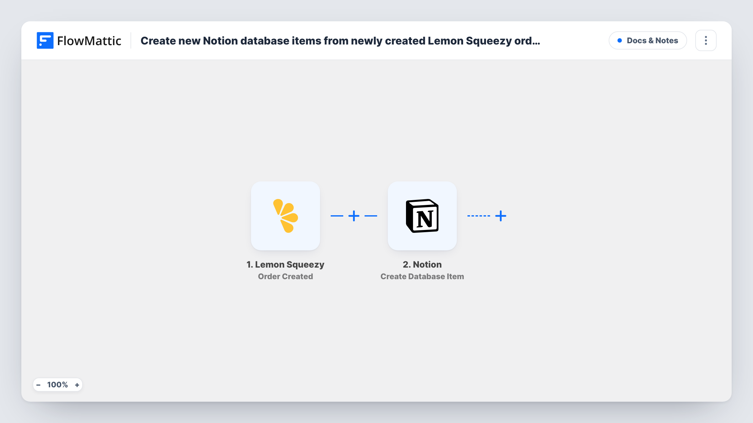 The Create new Notion database items from newly created Lemon Squeezy orders workflow on the FlowMattic canvas, with 2 steps across Lemon Squeezy, Notion