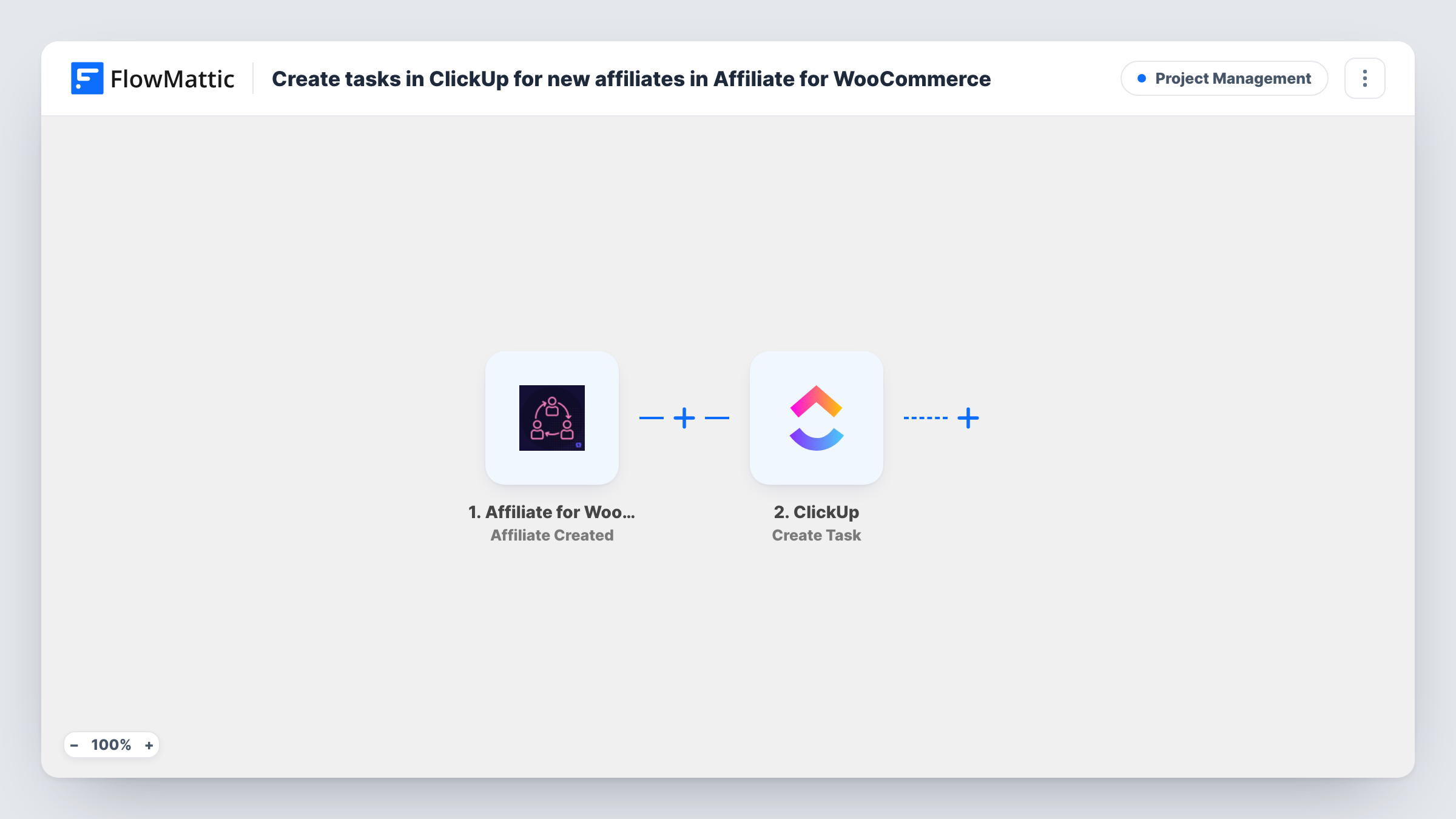 The Create tasks in ClickUp for new affiliates in Affiliate for WooCommerce workflow on the FlowMattic canvas, with 2 steps across Affiliate for WooCommerce, ClickUp
