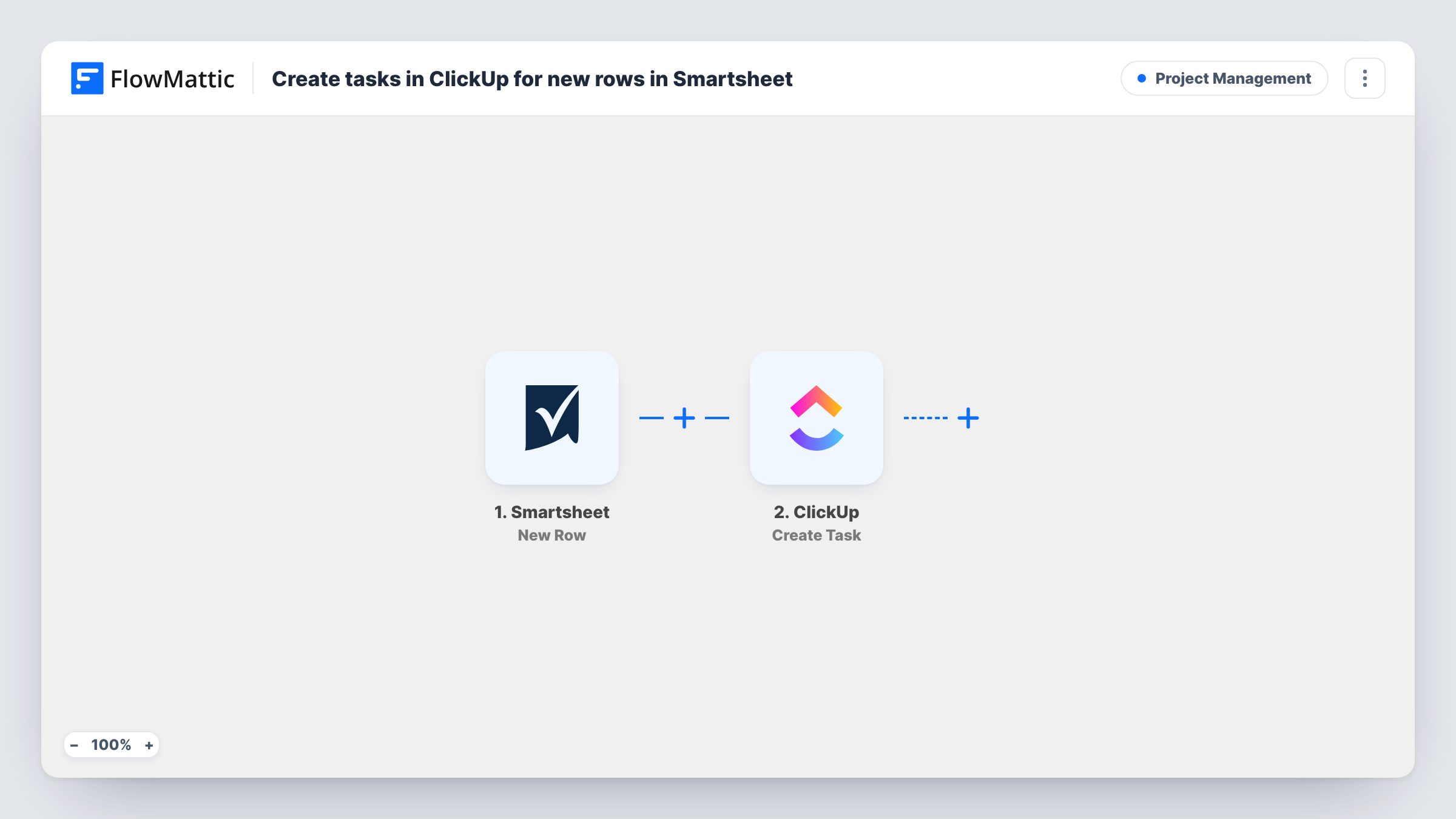 The Create tasks in ClickUp for new rows in Smartsheet workflow on the FlowMattic canvas, with 2 steps across Smartsheet, ClickUp