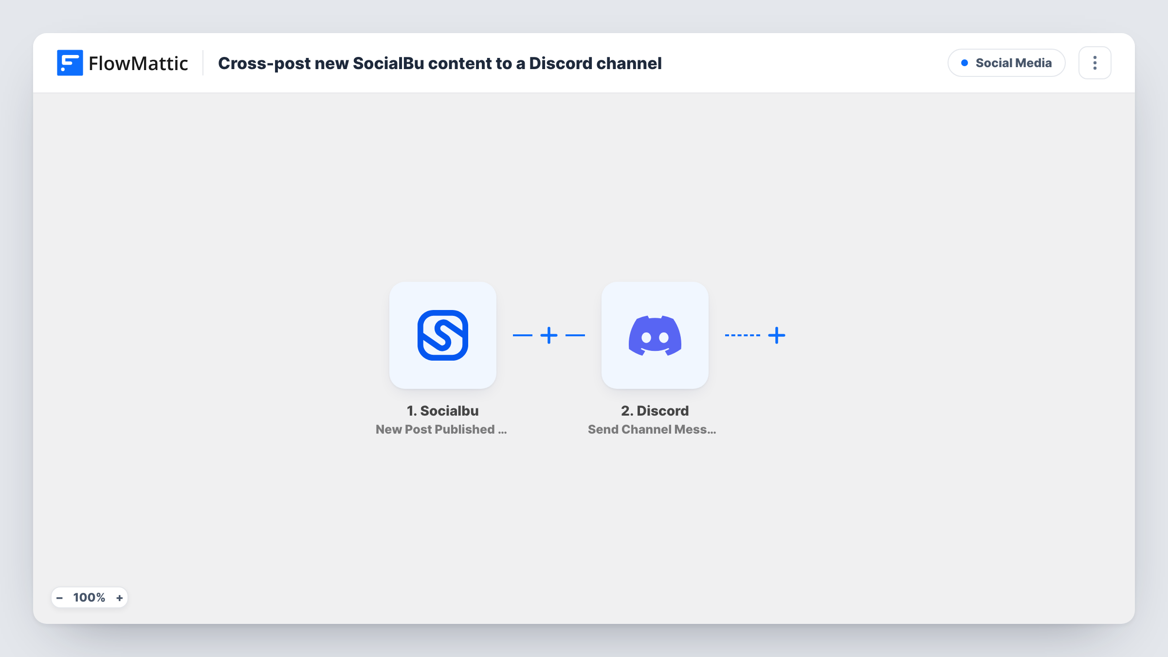 The Cross-post new SocialBu content to a Discord channel workflow on the FlowMattic canvas, with 2 steps across Socialbu, Discord
