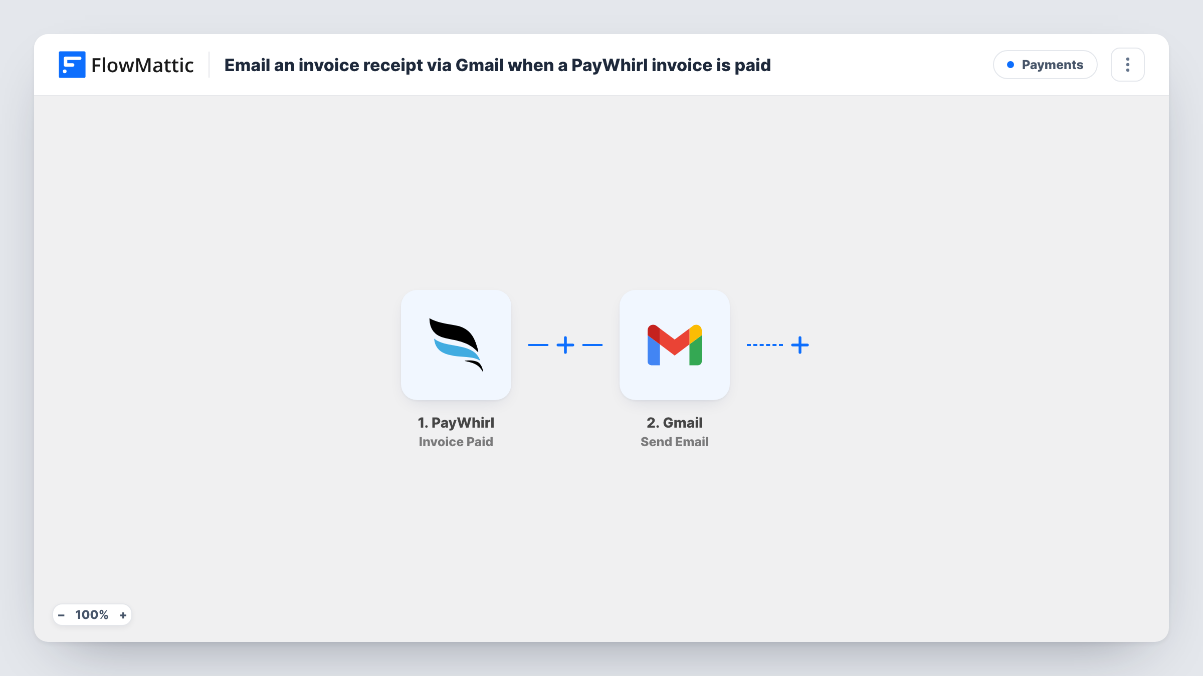 The Email an invoice receipt via Gmail when a PayWhirl invoice is paid workflow on the FlowMattic canvas, with 2 steps across PayWhirl, Gmail