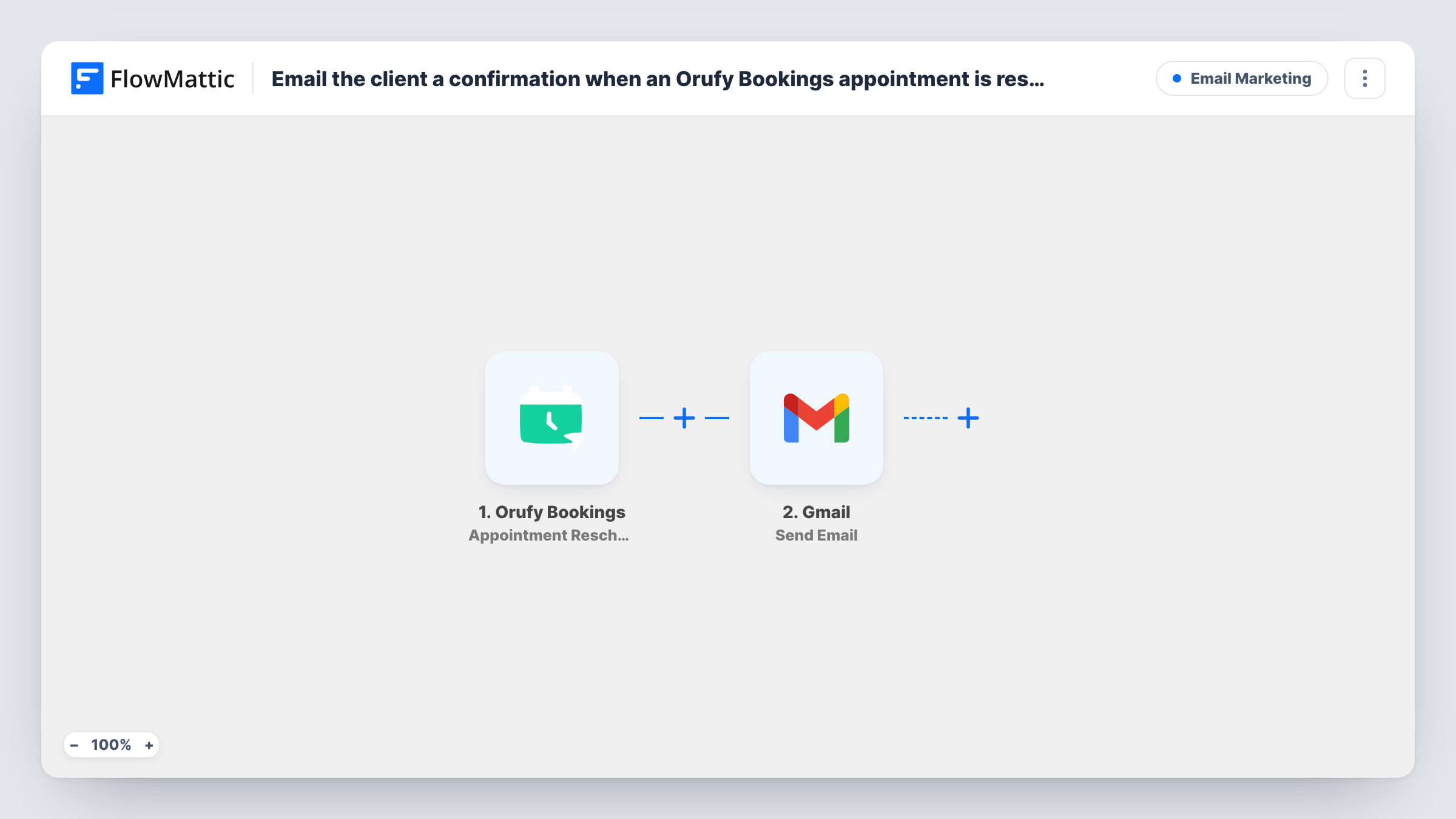 The Email the client a confirmation when an Orufy Bookings appointment is rescheduled workflow on the FlowMattic canvas, with 2 steps across Orufy Bookings, Gmail