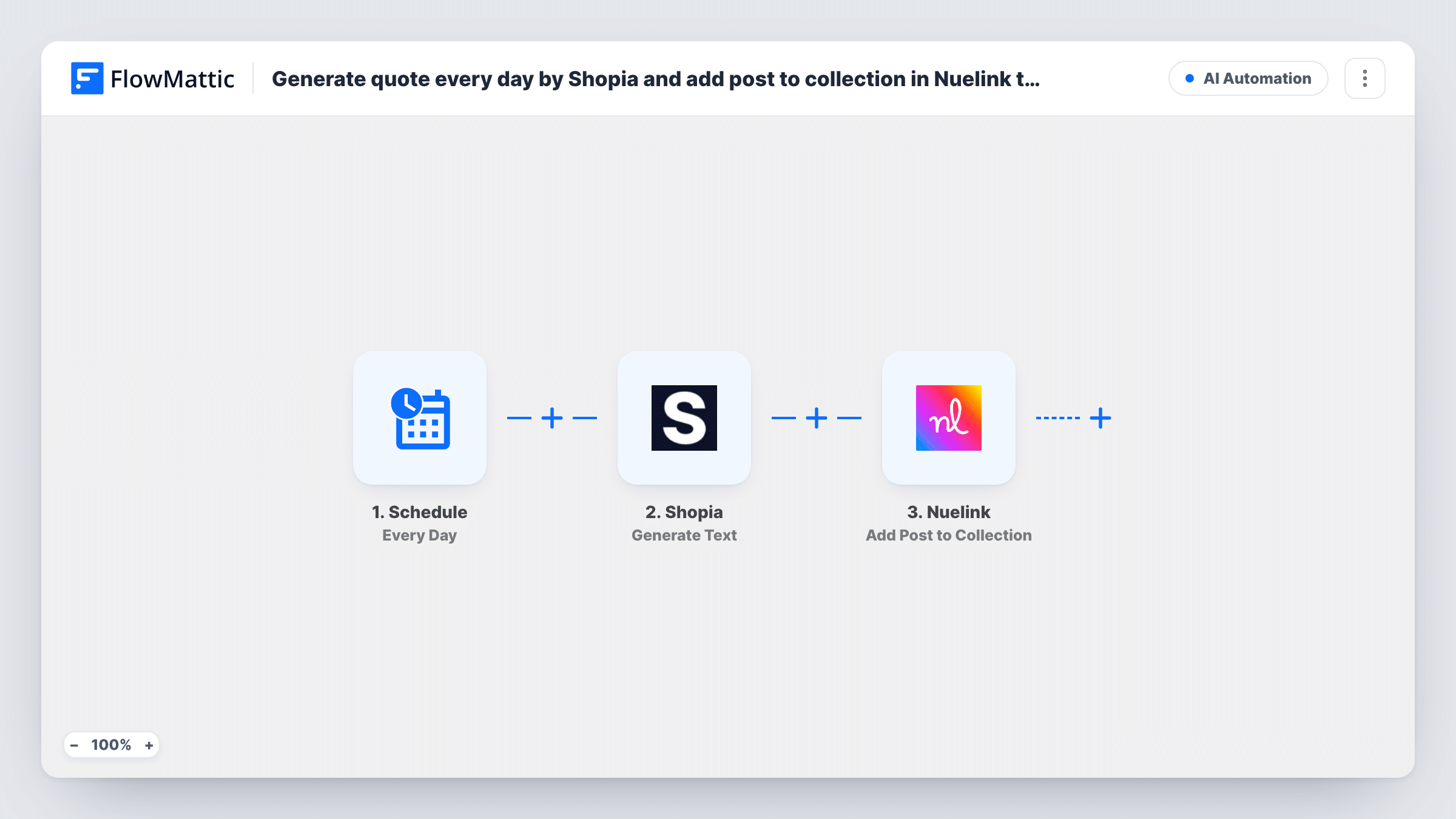 The Generate quote every day by Shopia and add post to collection in Nuelink to publish on your social media workflow on the FlowMattic canvas, with 3 steps across Schedule, Shopia, Nuelink