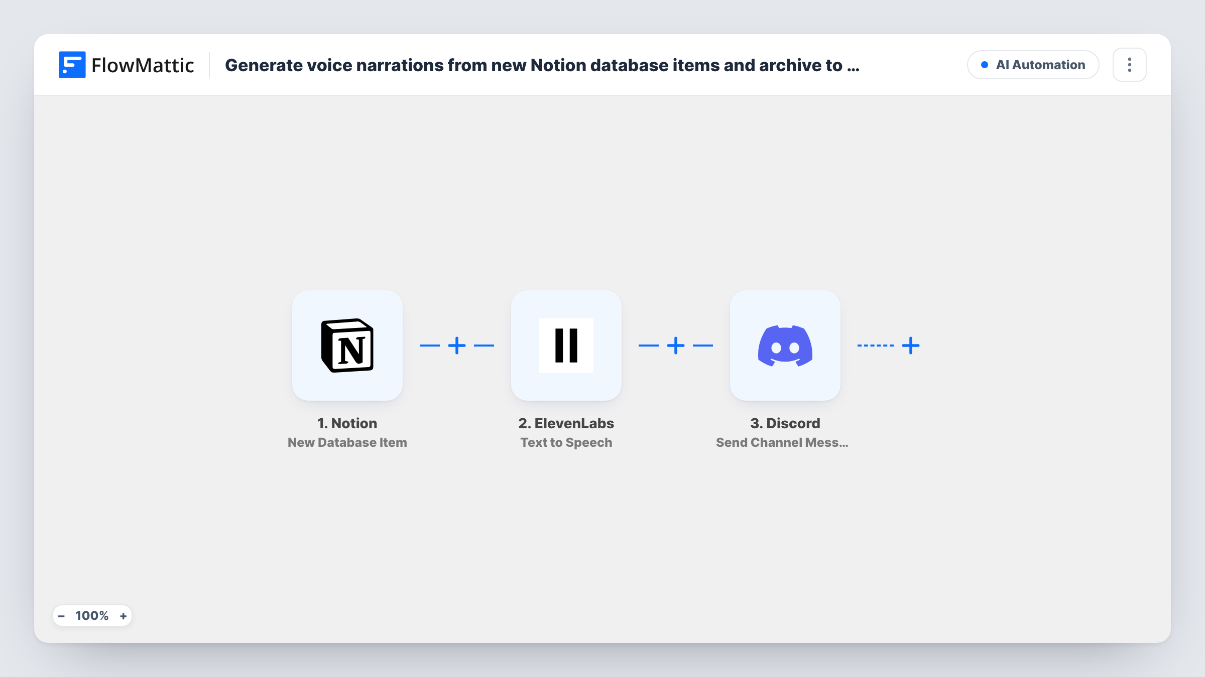 The Generate voice narrations from new Notion database items and archive to Discord workflow on the FlowMattic canvas, with 3 steps across Notion, ElevenLabs, Discord