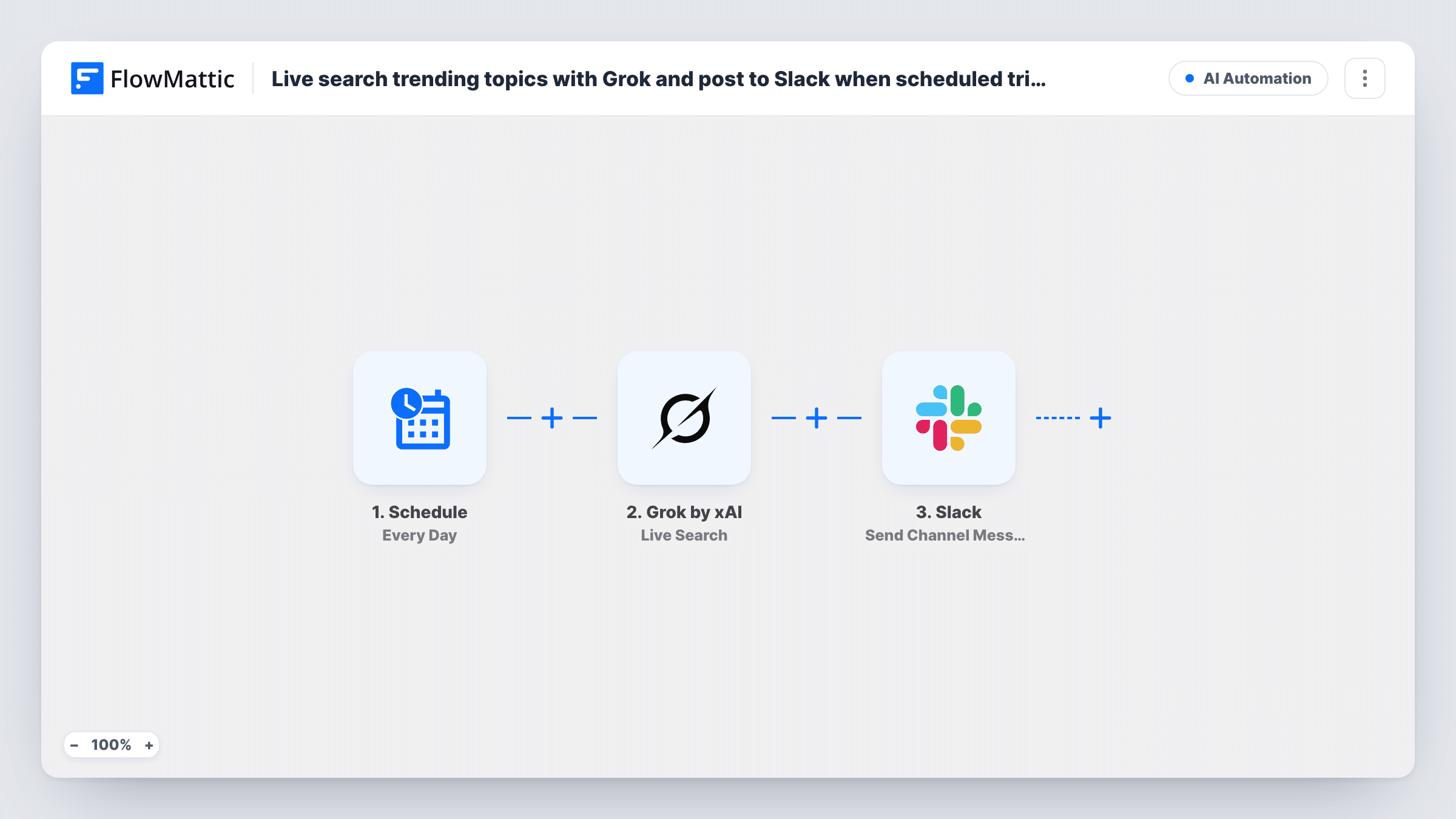 The Live search trending topics with Grok and post to Slack when scheduled trigger runs daily workflow on the FlowMattic canvas, with 3 steps across Schedule, Grok by xAI, Slack