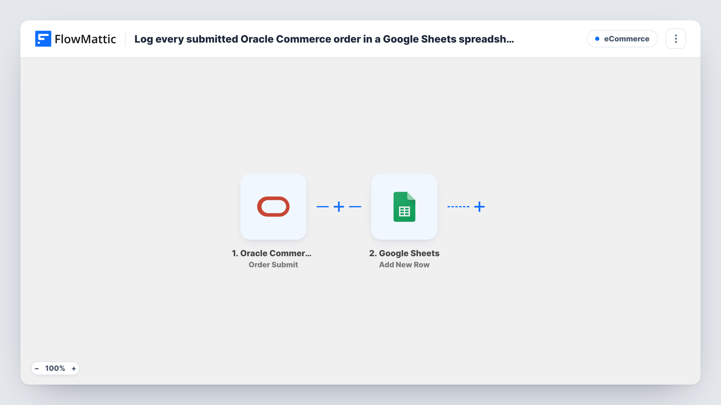 The Log every submitted Oracle Commerce order in a Google Sheets spreadsheet workflow on the FlowMattic canvas, with 2 steps across Oracle Commerce, Google Sheets