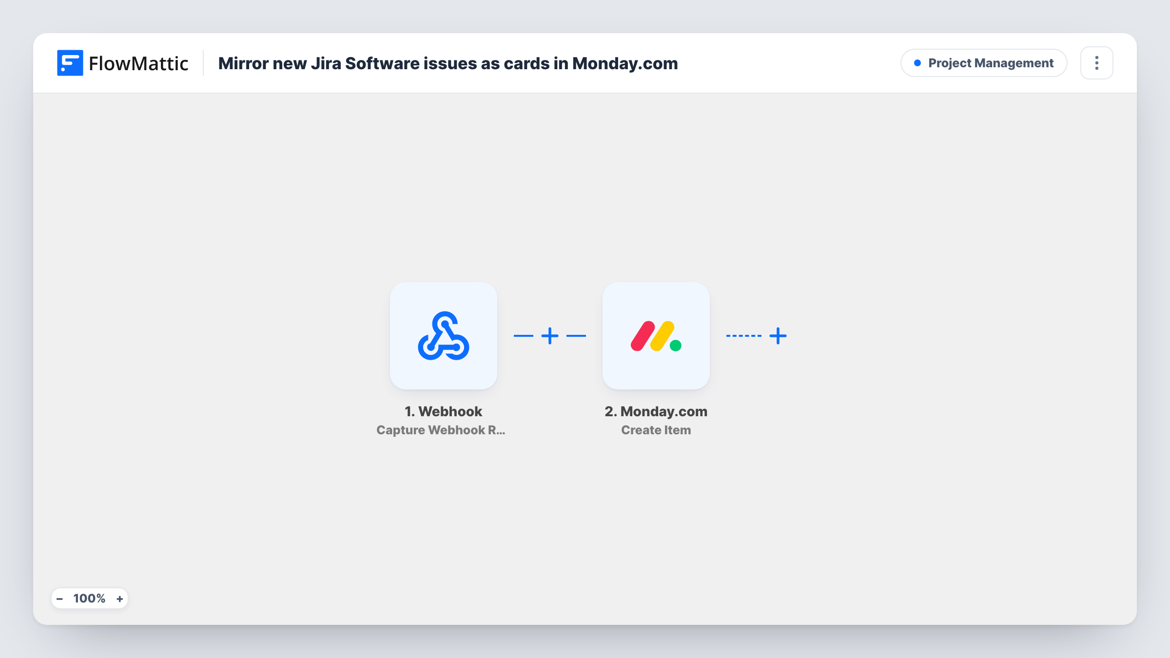 The Mirror new Jira Software issues as cards in Monday.com workflow on the FlowMattic canvas, with 2 steps across Webhook, Monday.com