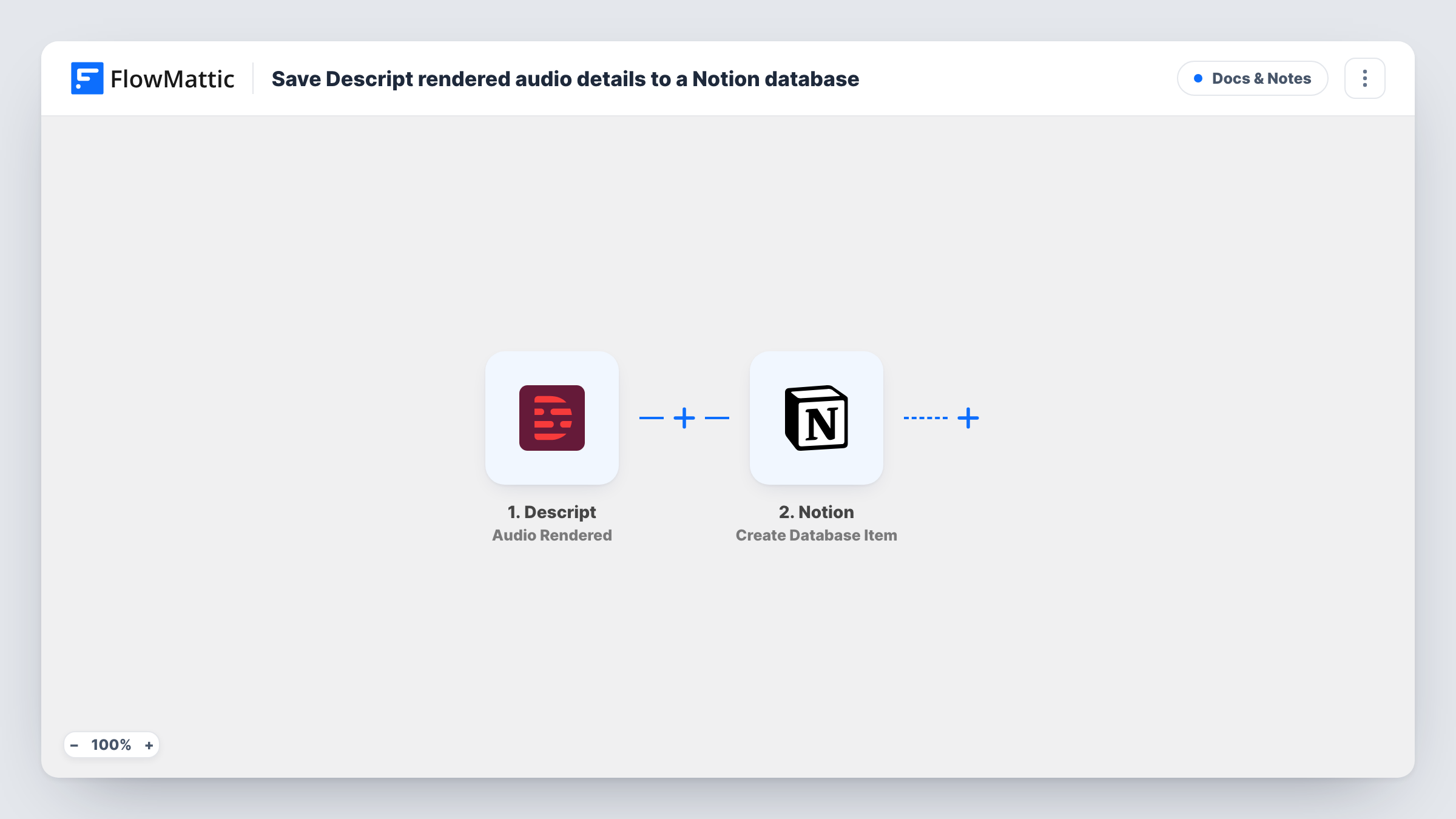 The Save Descript rendered audio details to a Notion database workflow on the FlowMattic canvas, with 2 steps across Descript, Notion
