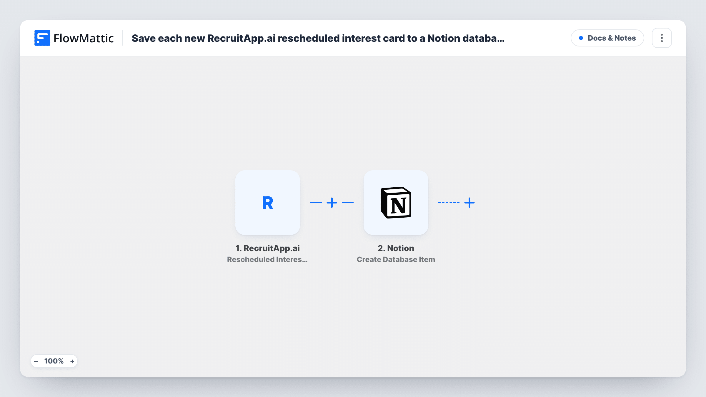 The Save each new RecruitApp.ai rescheduled interest card to a Notion database workflow on the FlowMattic canvas, with 2 steps across RecruitApp.ai, Notion