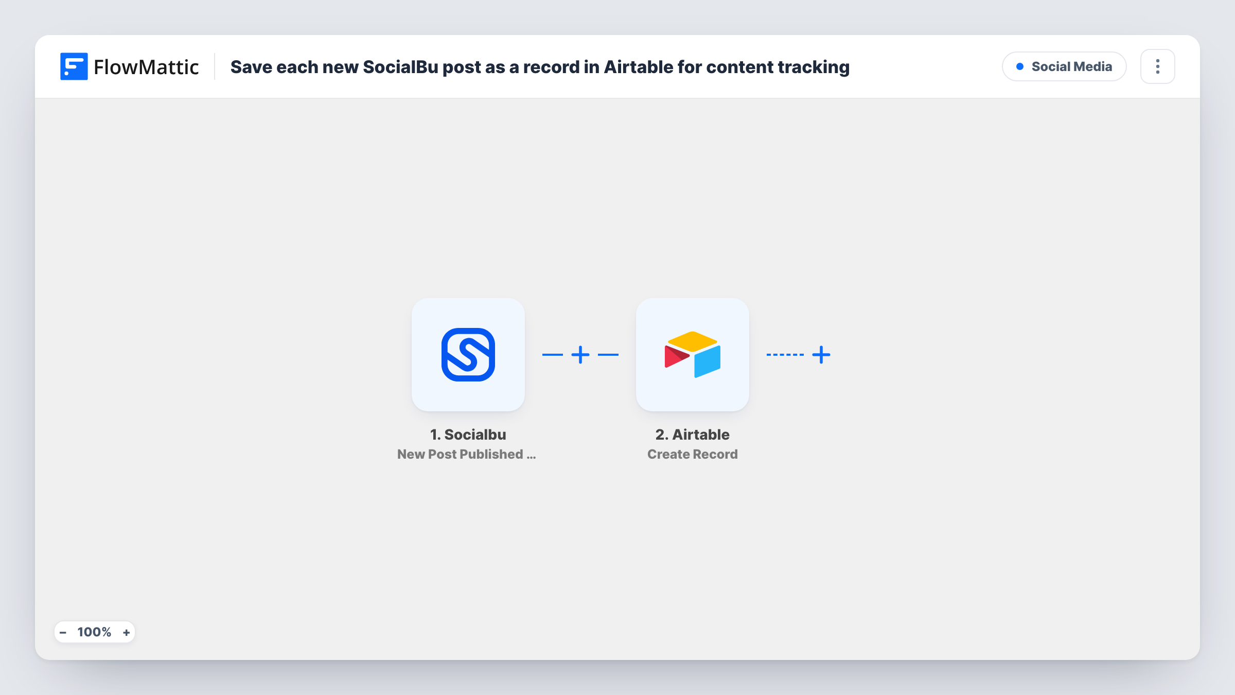 The Save each new SocialBu post as a record in Airtable for content tracking workflow on the FlowMattic canvas, with 2 steps across Socialbu, Airtable