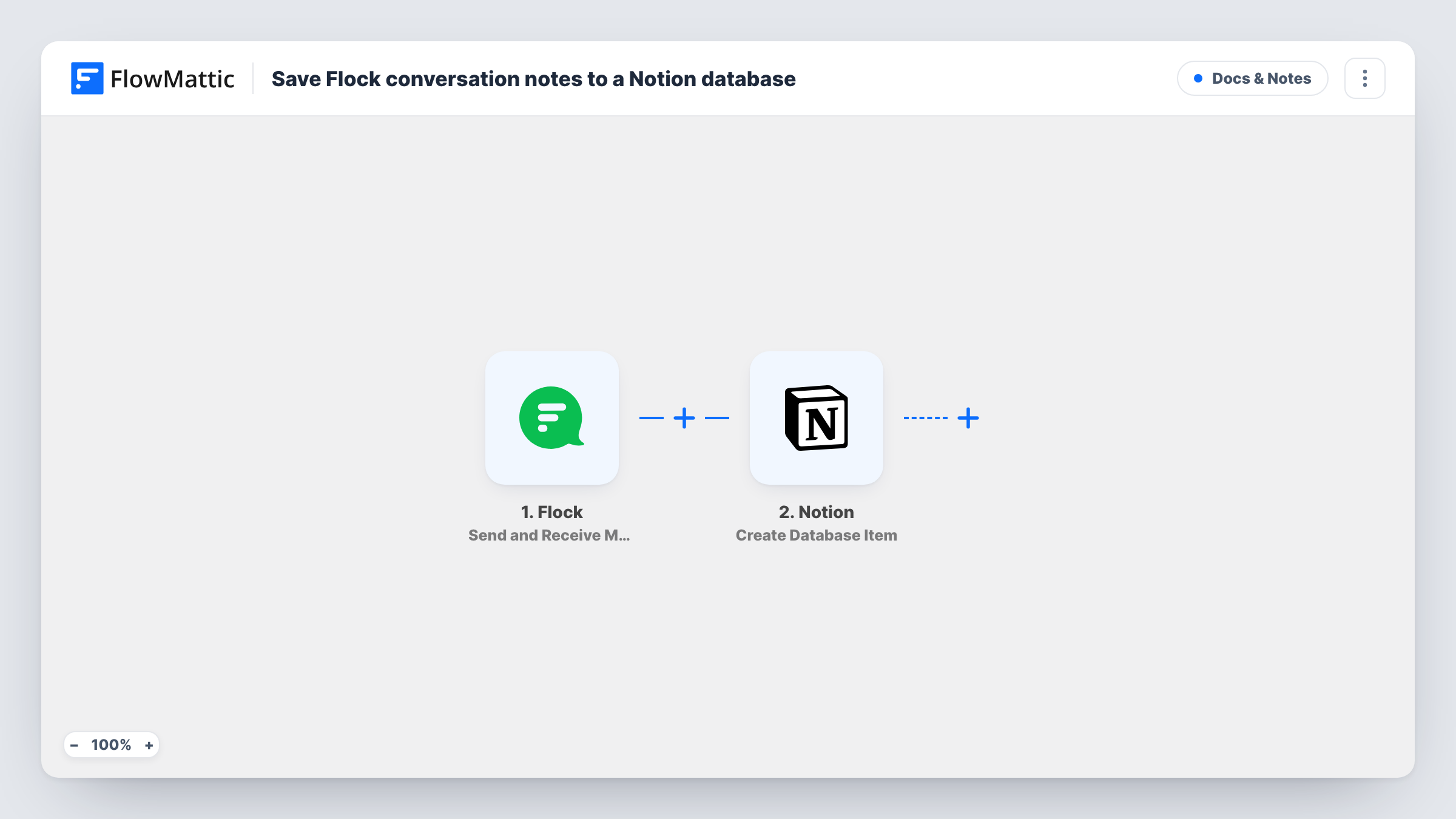 The Save Flock conversation notes to a Notion database workflow on the FlowMattic canvas, with 2 steps across Flock, Notion