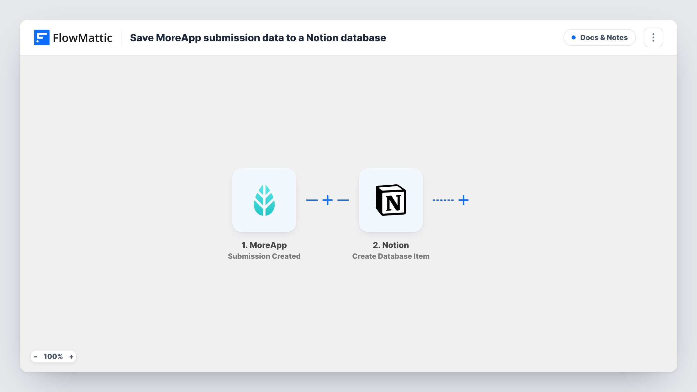The Save MoreApp submission data to a Notion database workflow on the FlowMattic canvas, with 2 steps across MoreApp, Notion