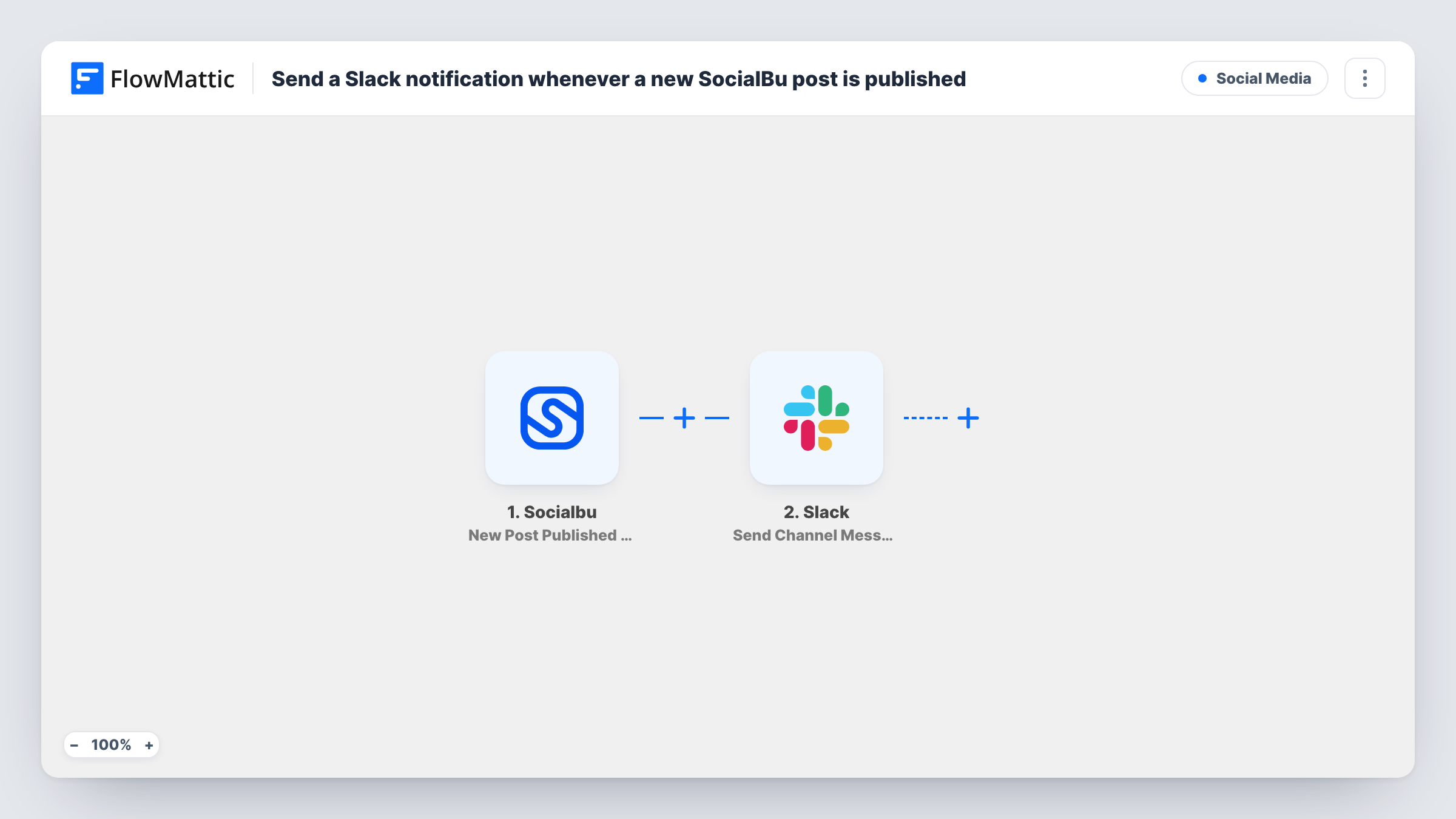 The Send a Slack notification whenever a new SocialBu post is published workflow on the FlowMattic canvas, with 2 steps across Socialbu, Slack