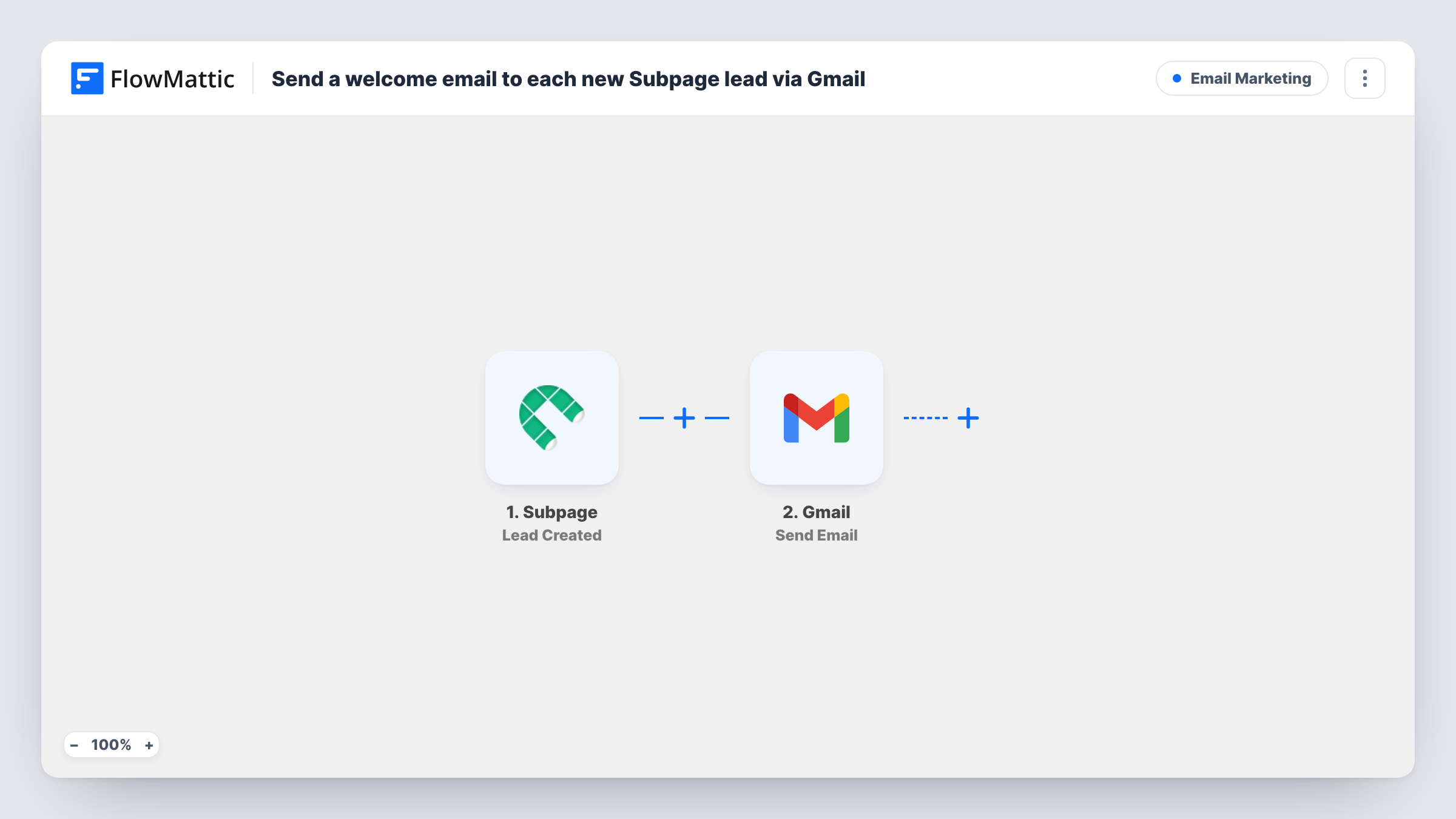The Send a welcome email to each new Subpage lead via Gmail workflow on the FlowMattic canvas, with 2 steps across Subpage, Gmail