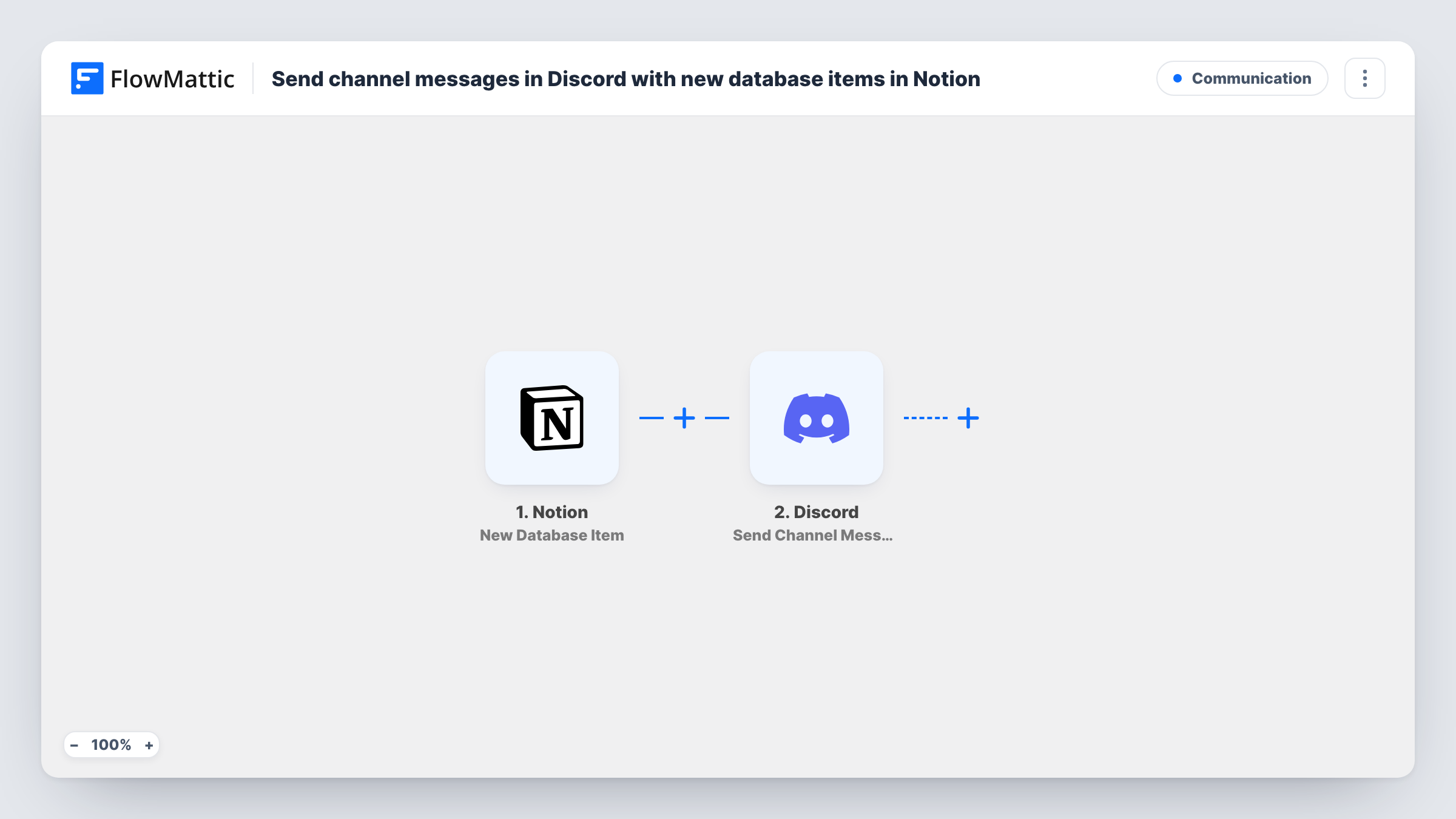 The Send channel messages in Discord with new database items in Notion workflow on the FlowMattic canvas, with 2 steps across Notion, Discord