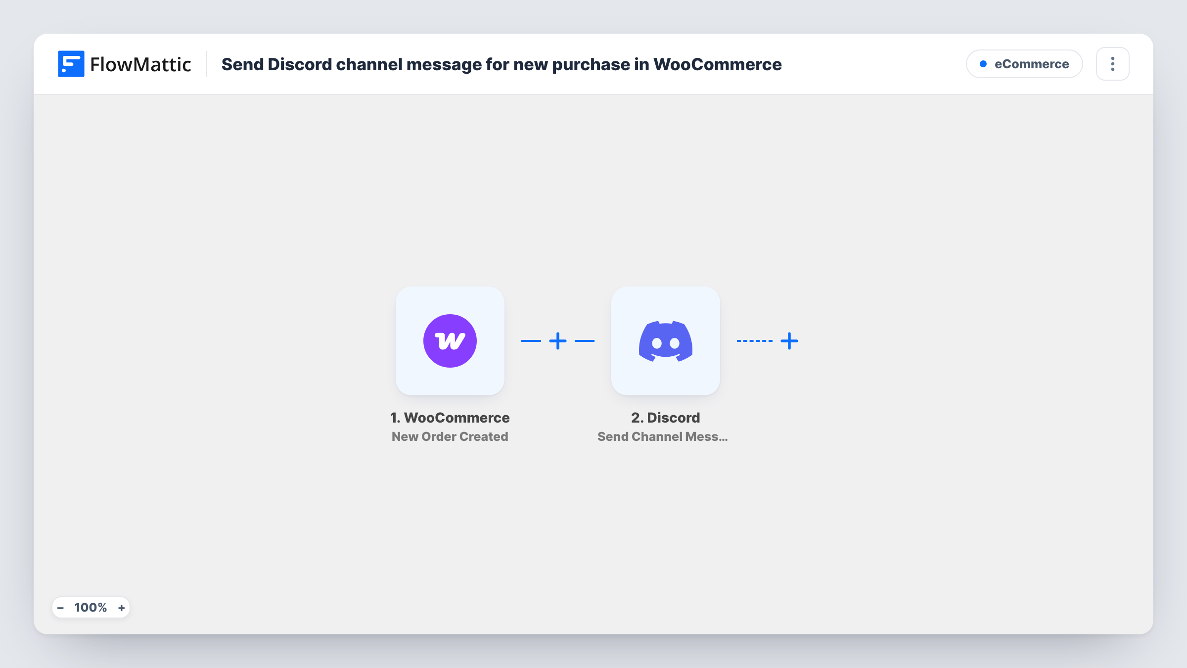 The Send Discord channel message for new purchase in WooCommerce workflow on the FlowMattic canvas, with 2 steps across WooCommerce, Discord